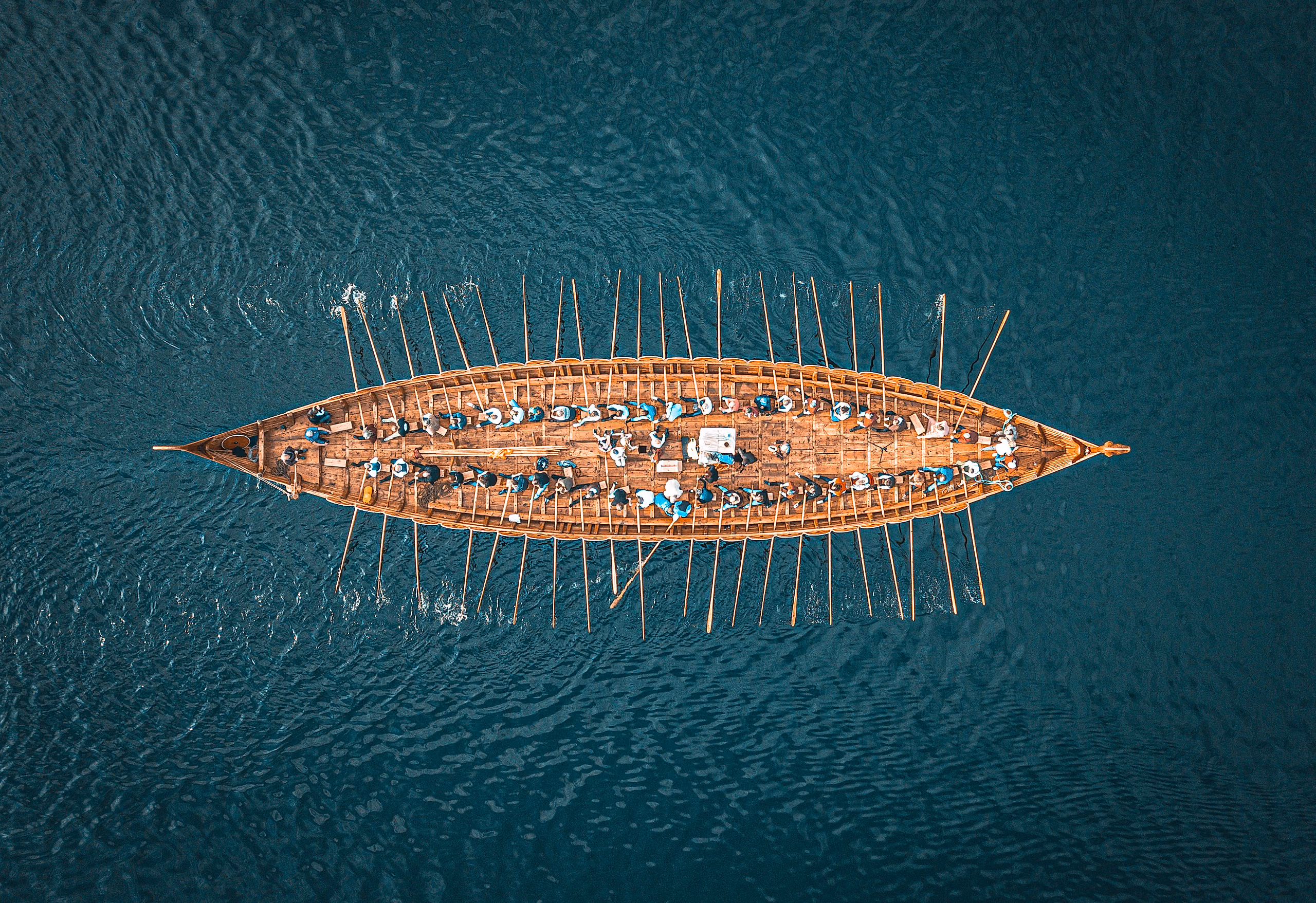 The Myklebust Viking ship in Nordfjord from above.