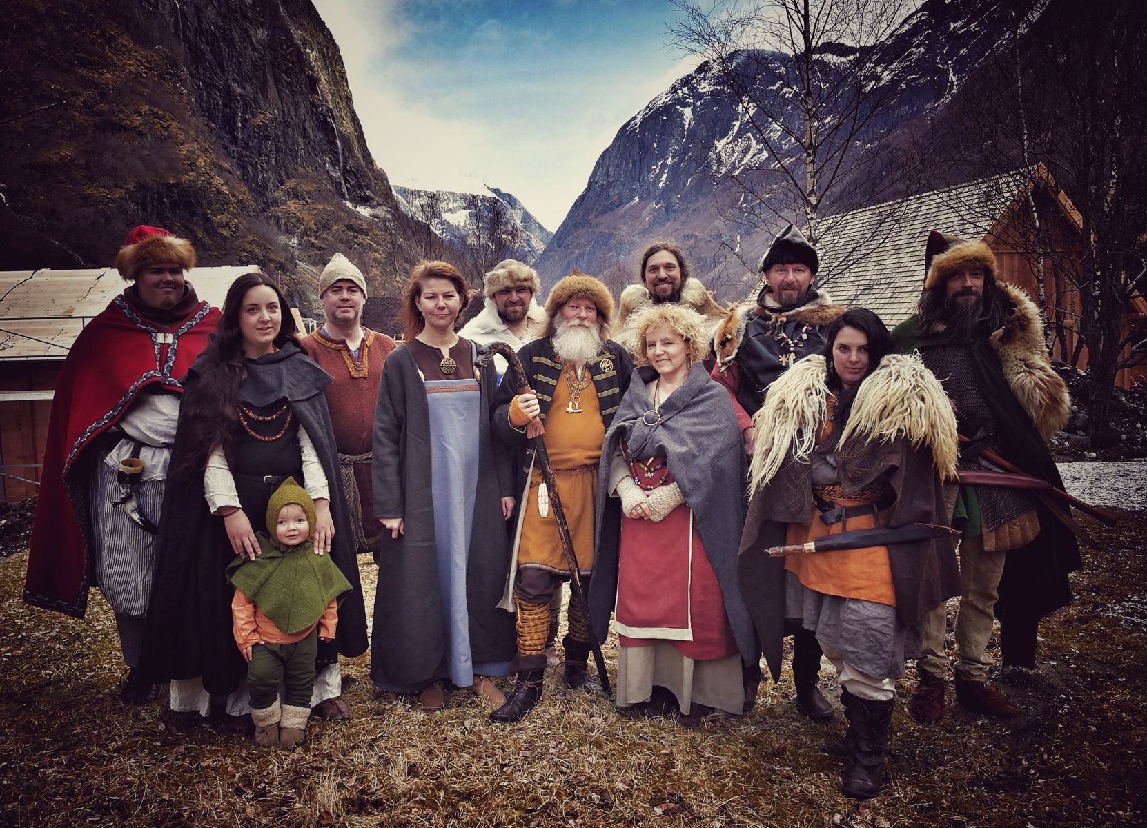 Group picture of the Vikings in Njardarheimr, Viking Valley in Gudvangen, Fjord Norway