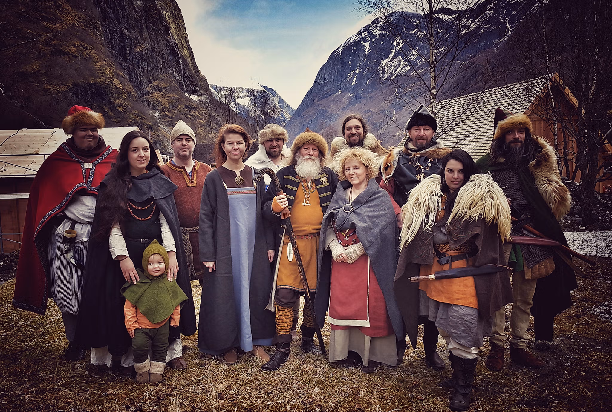 Group picture of the Vikings in Njardarheimr, Viking Valley in Gudvangen, Fjord Norway