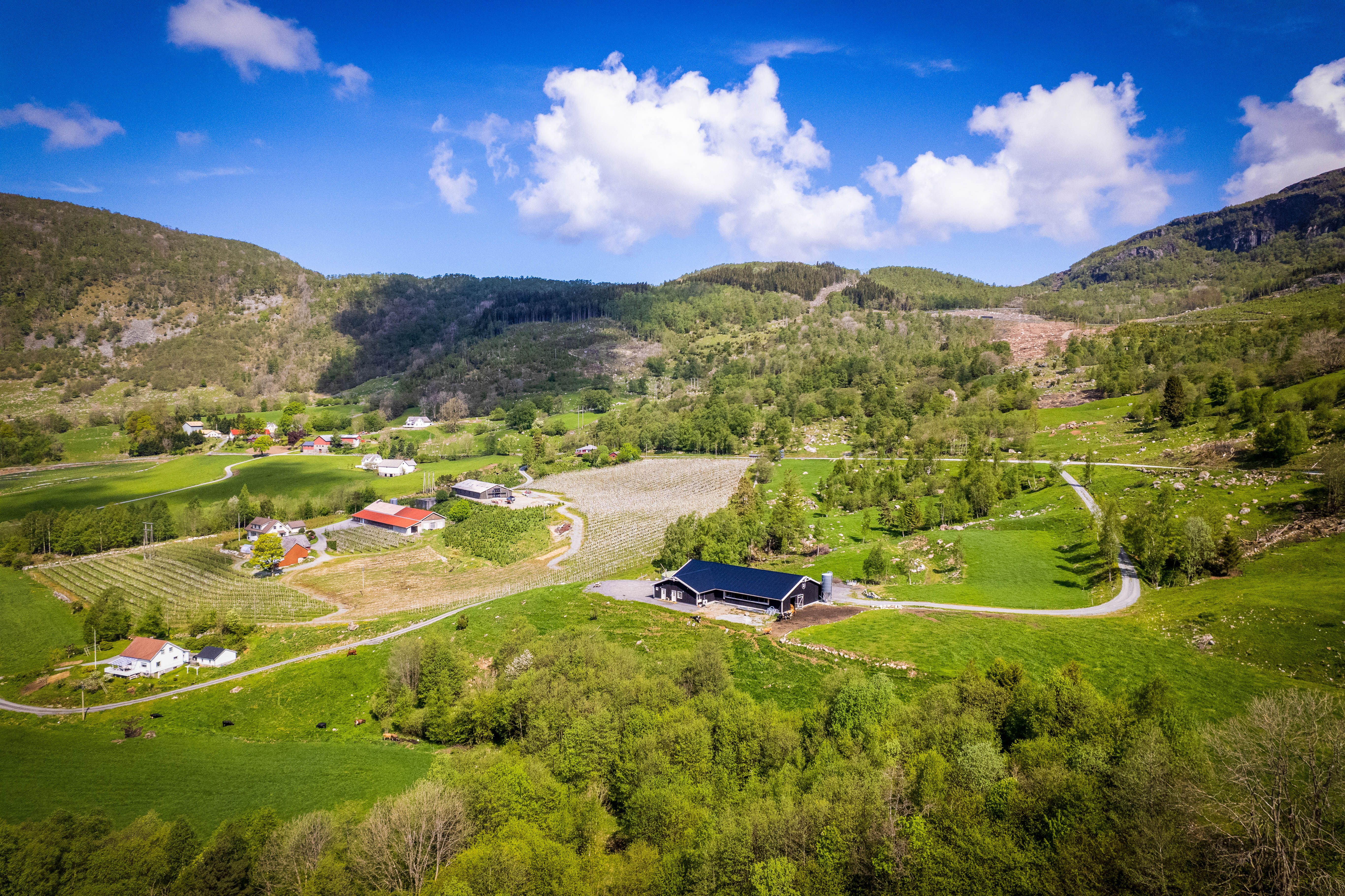 A farm seen from a distance.