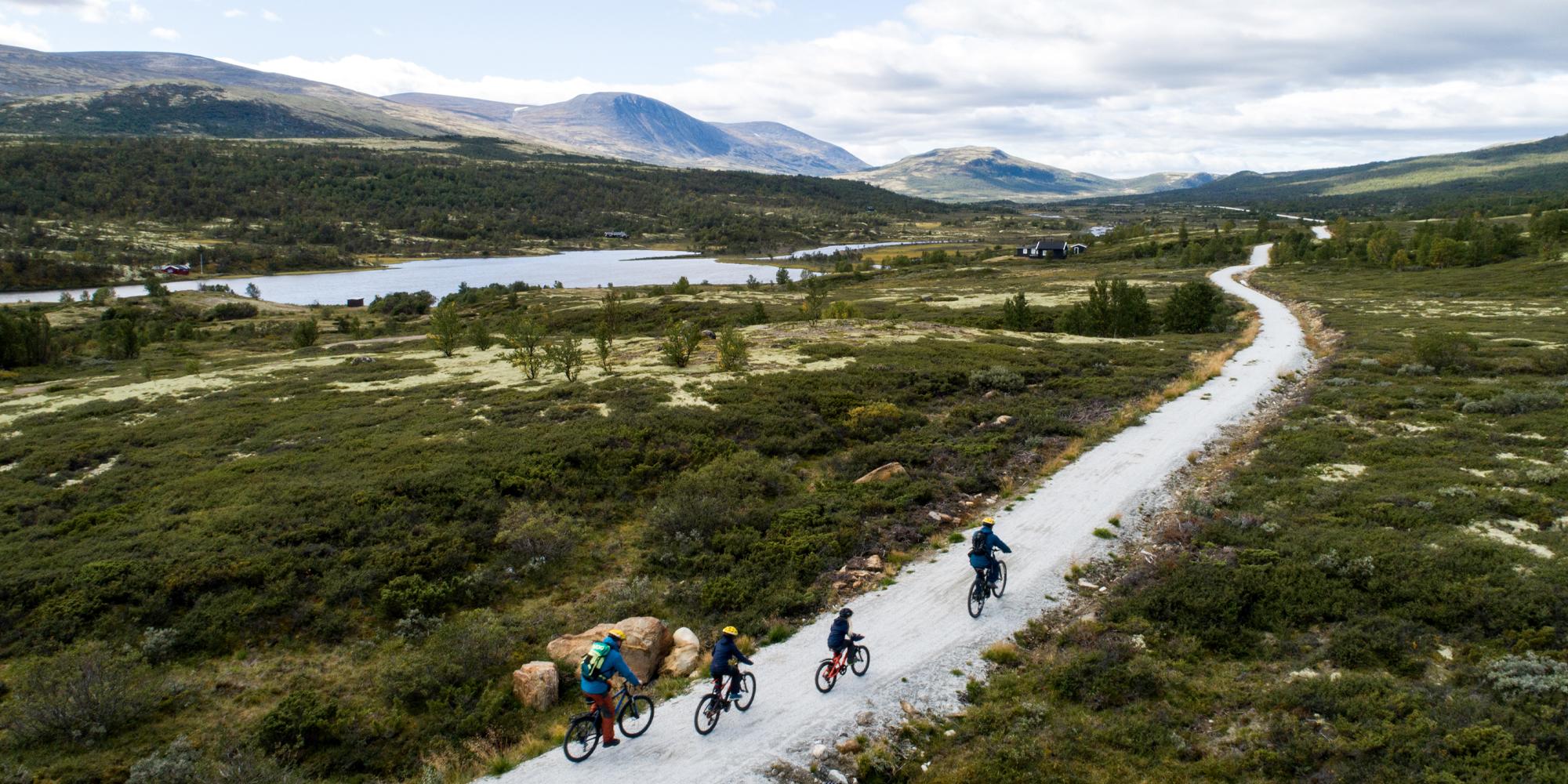 Una familia se divierte montando en bicicleta en las montañas de Dovrefjell, Noruega.