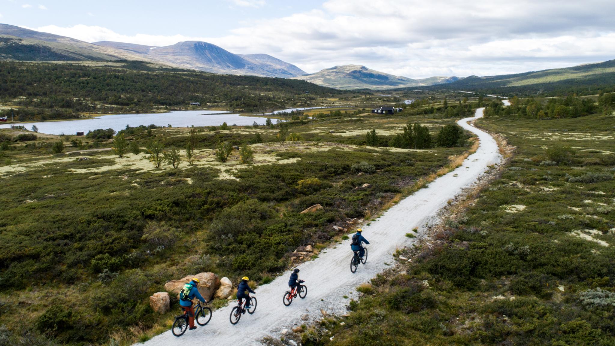 Una familia se divierte montando en bicicleta en las montañas de Dovrefjell, Noruega.