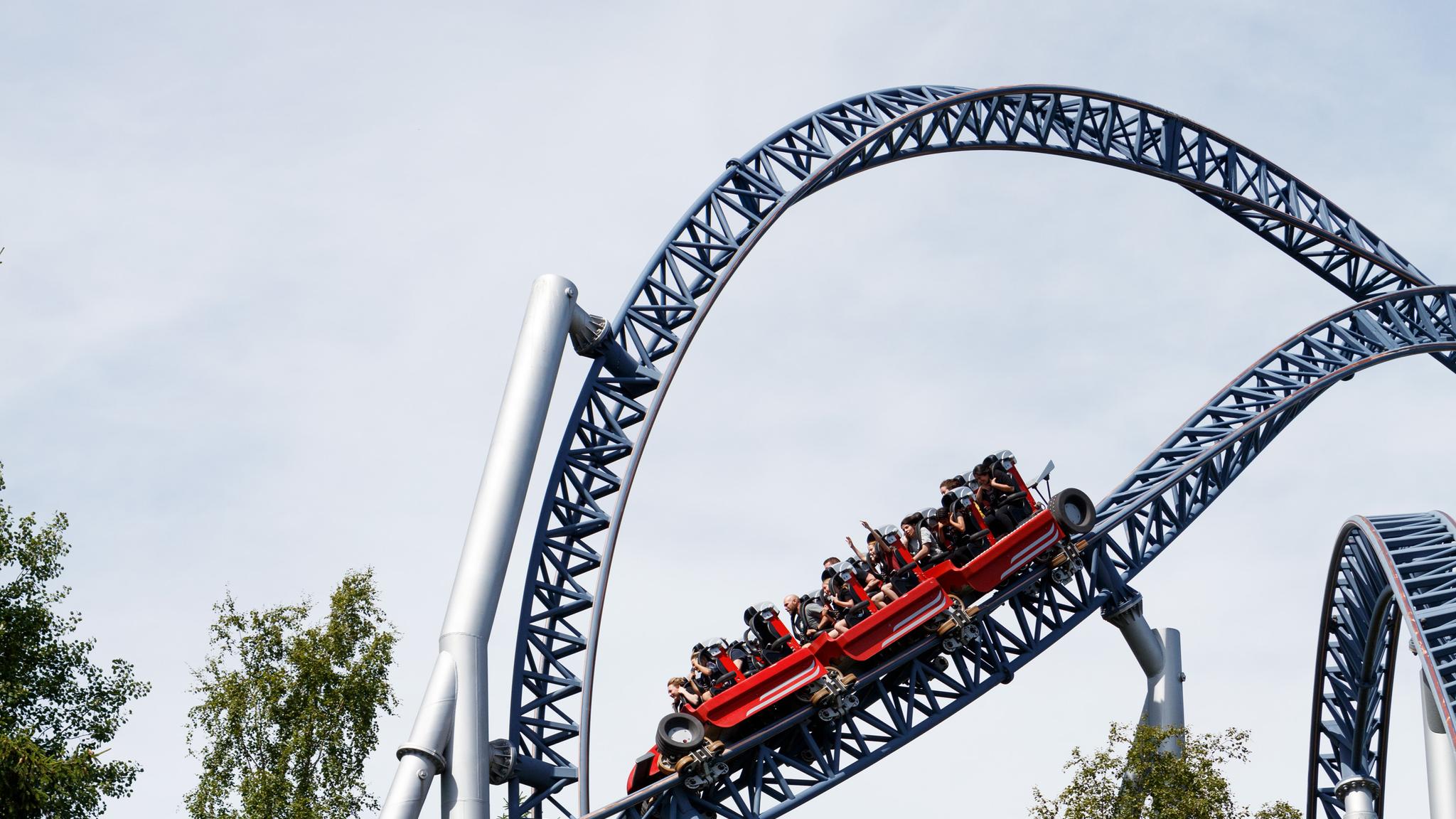 Roller coaster at TusenFryd theme park, Vinterbro, Eastern Norway