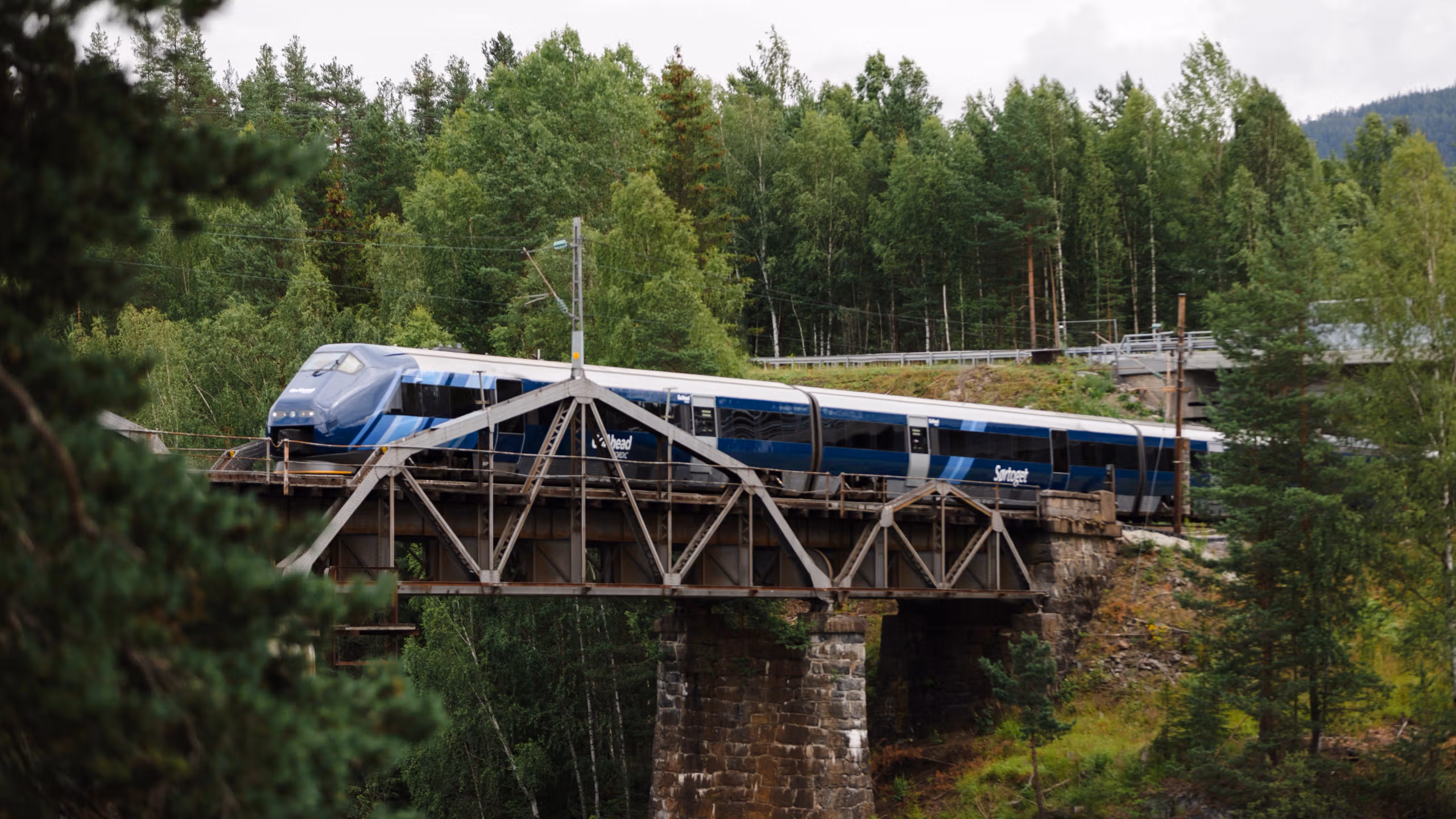 The Sørland Line driver over a bridge in the forest, Norway