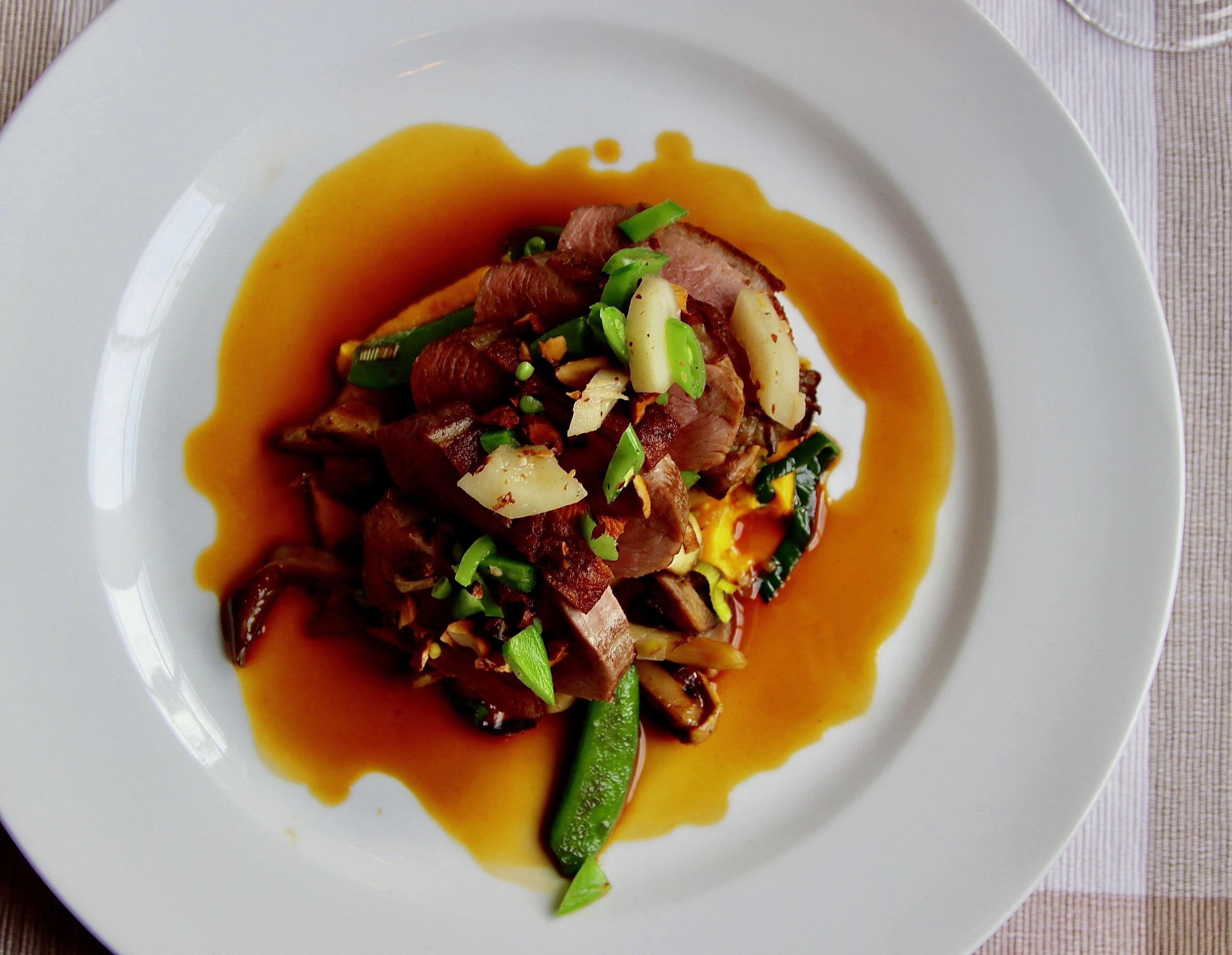 Filét of duck with fresh vegetables, pumpkin purée and coffee sauce, Fossheim Hotel