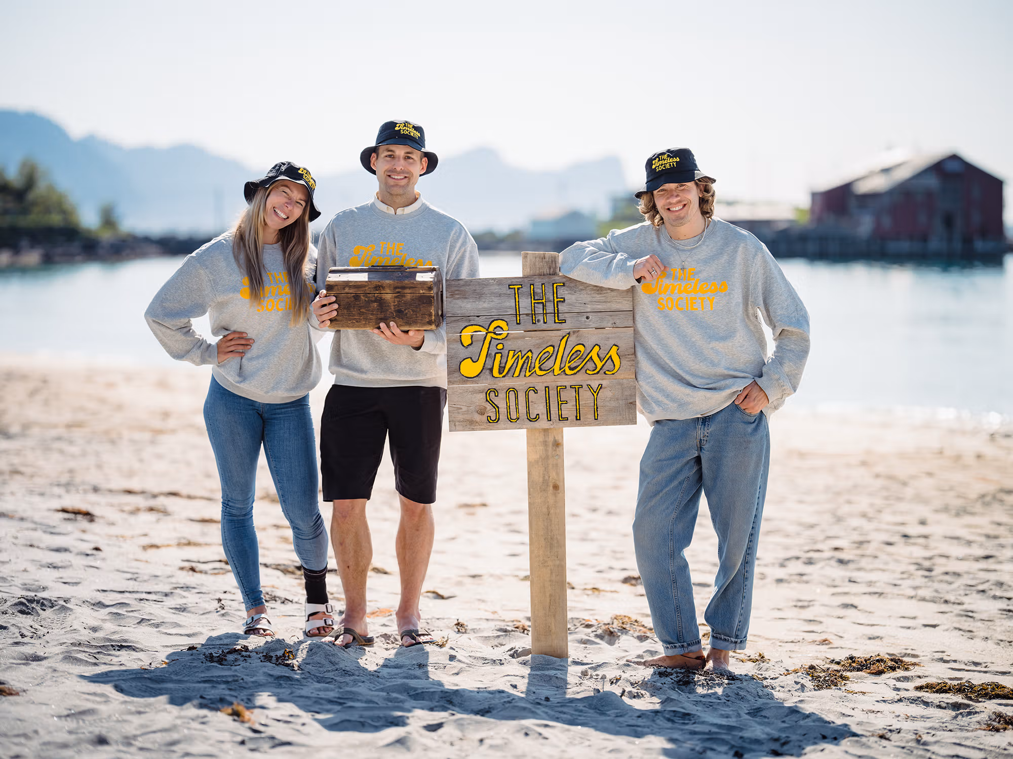 Visitors by sign that says Timeless Society in Senja