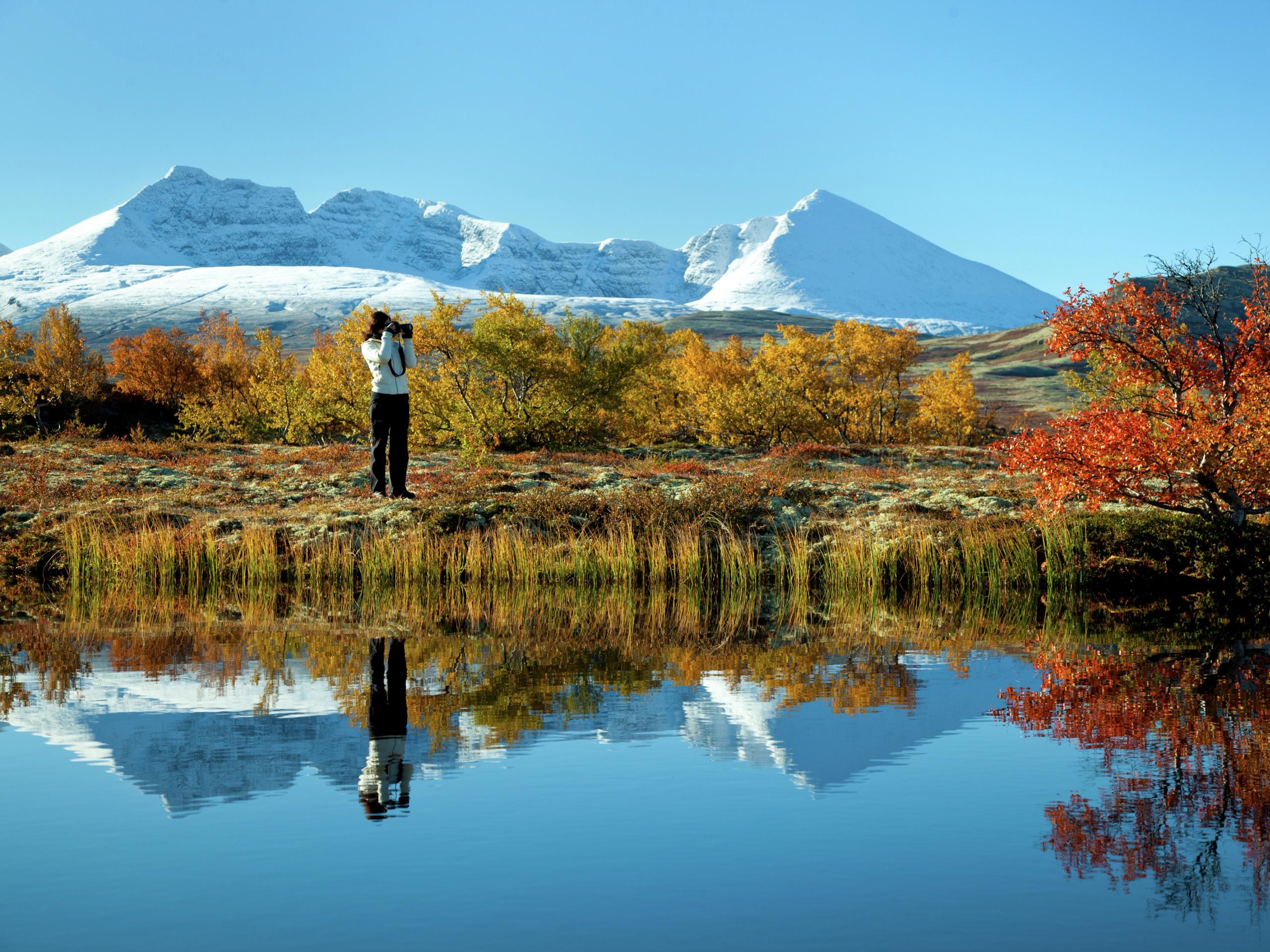 En kvinna tar höstbilder av en sjö och träd i Rondane nationalpark i Østlandet (östra Norge). I bakgrunden syns snöklädda fjäll.