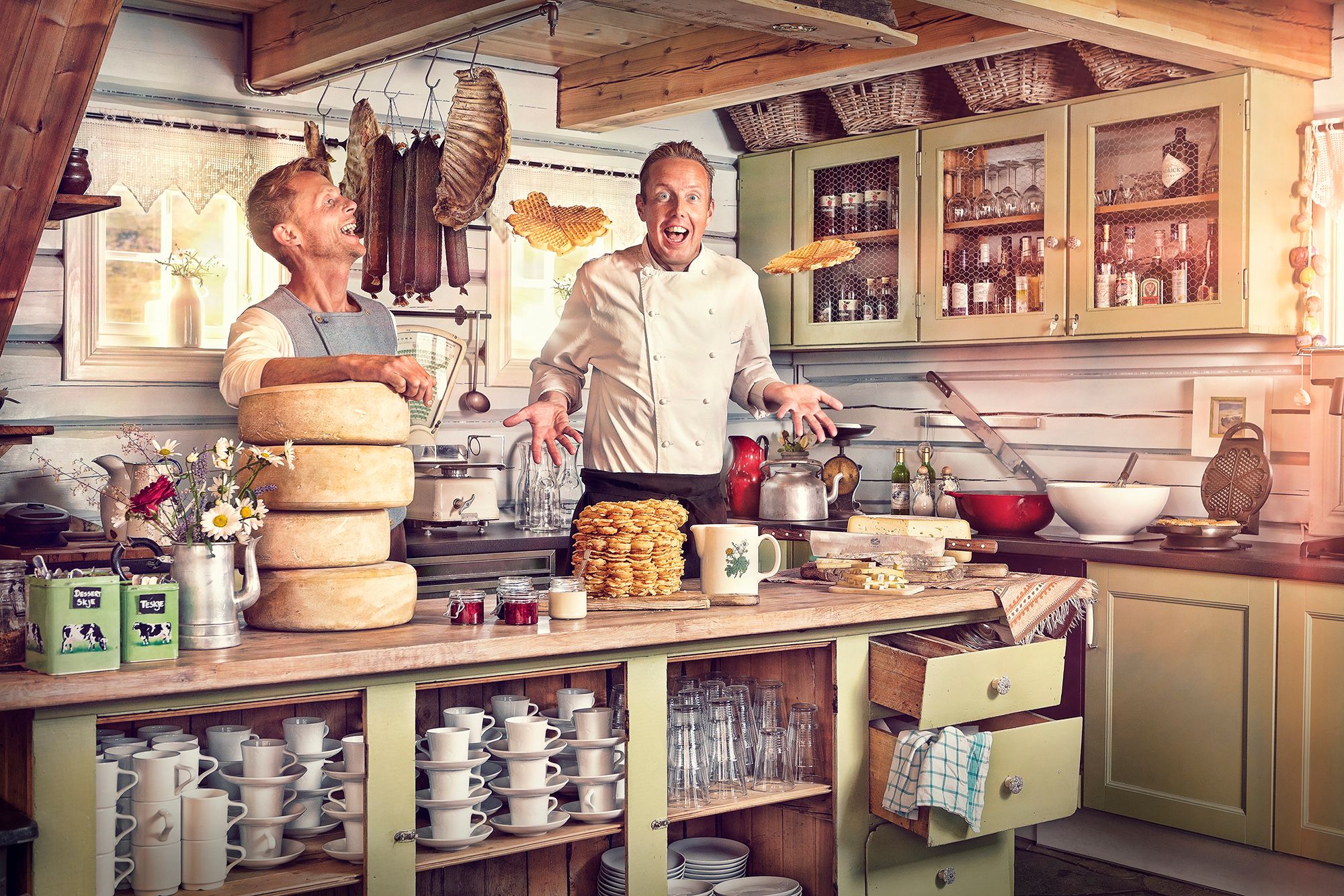 Two men in the kitchen at Brimi Sæter in Jotunheimen, one of Norway’s summer mountain farms