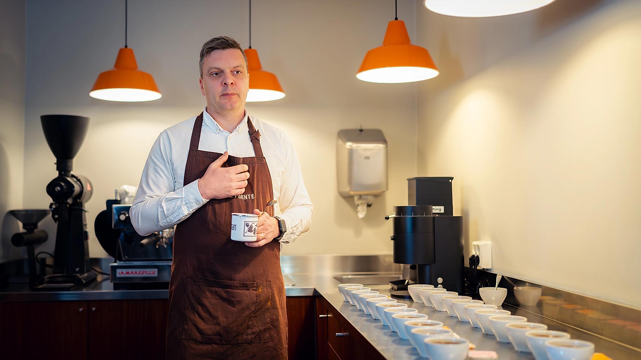 Tim Wendelboe in his tasting corner at his cafe
