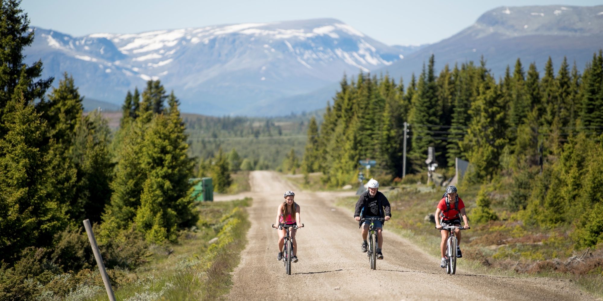 Drie mensen aan het fiets langs de Mjølkevegen in Valdres, Oost-Noorwegen