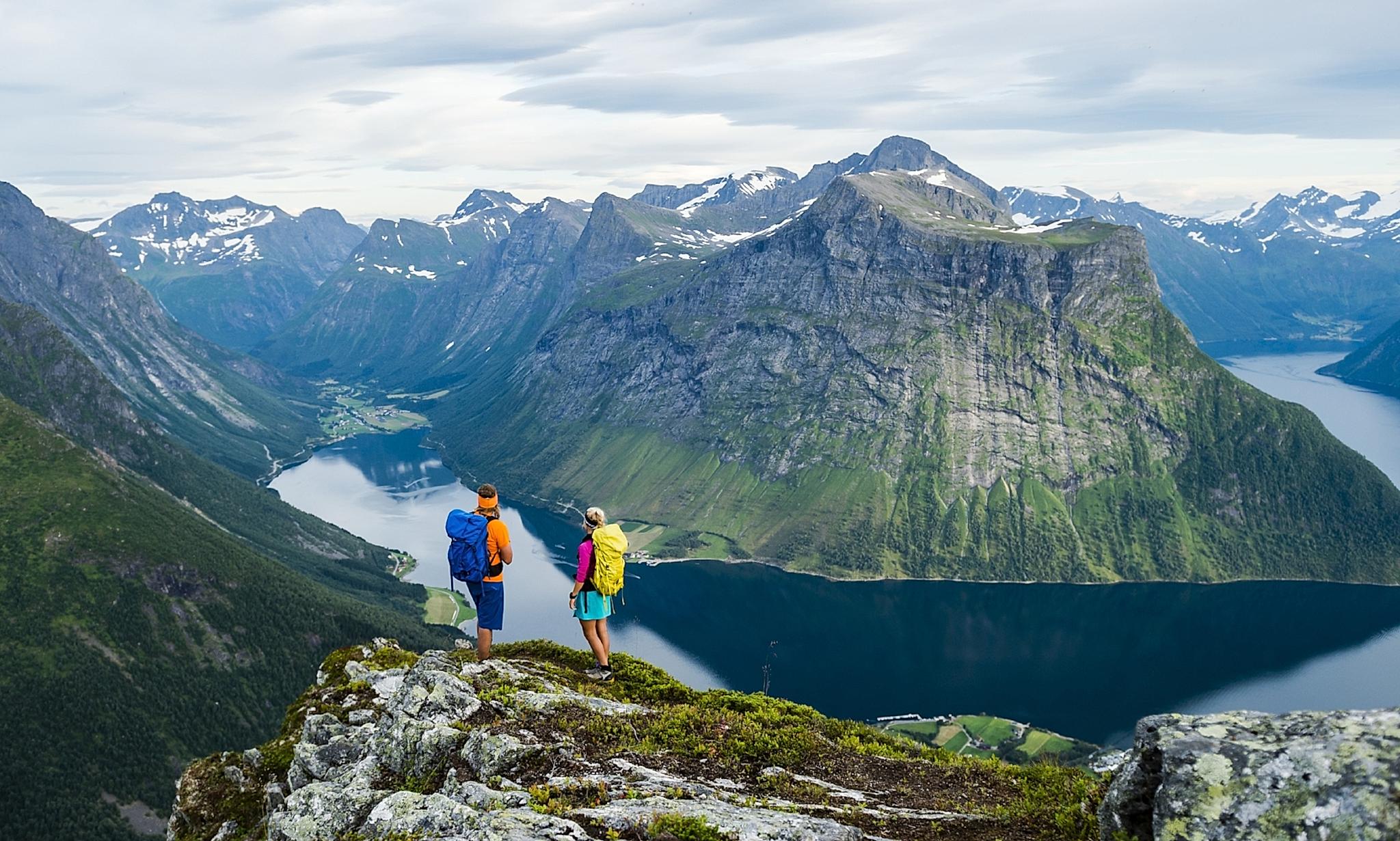 Hiking in Norway with a view of mountains and fjords