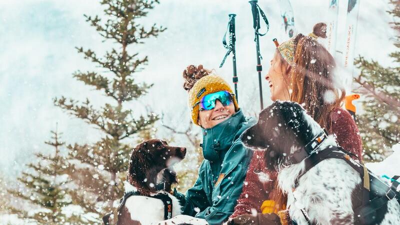 To folk og tre hunder slapper av i sneen etter å ha stått på ski i Lofoten i Nord Norge