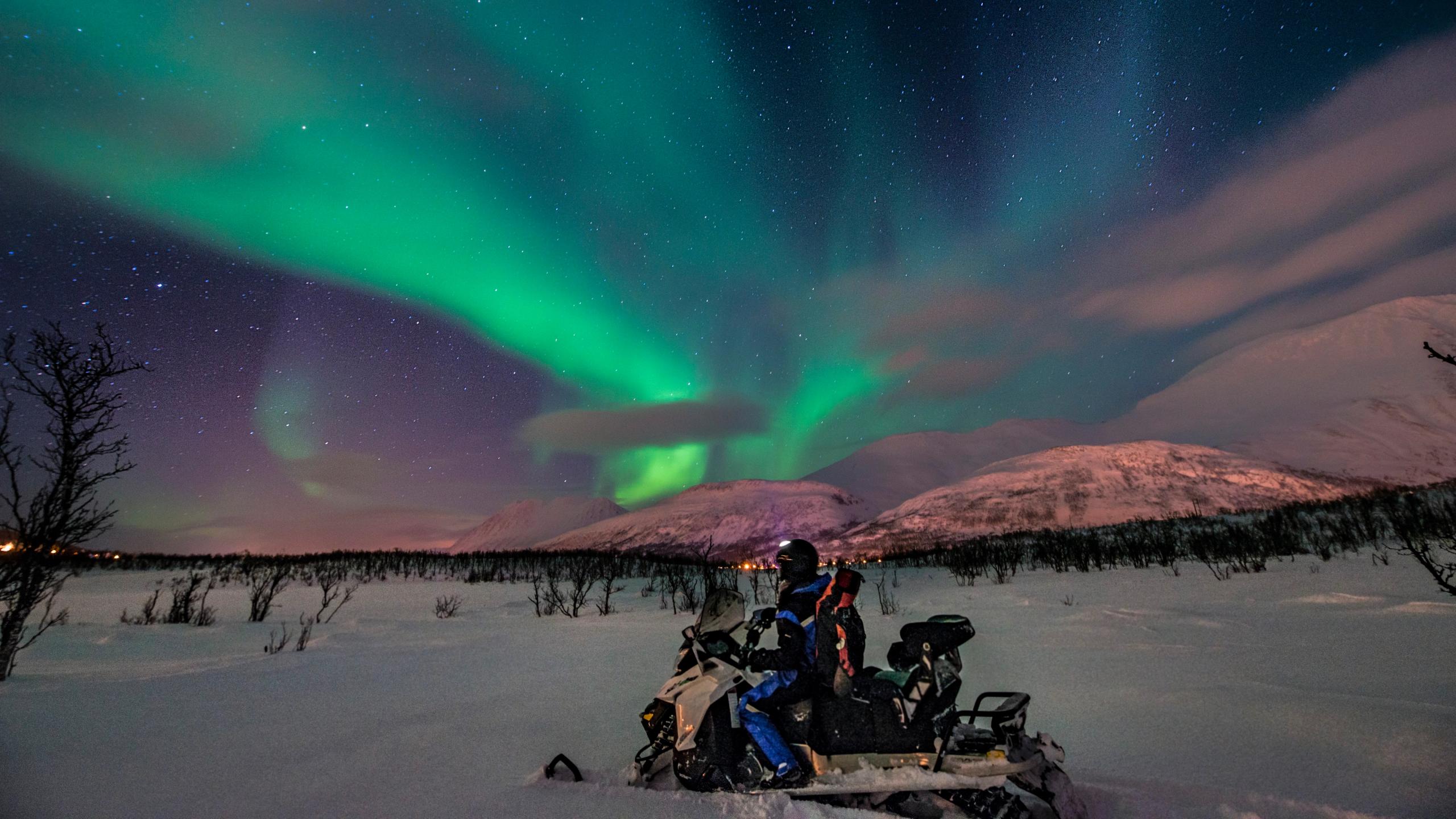Mann på snøskuter under nordlyset