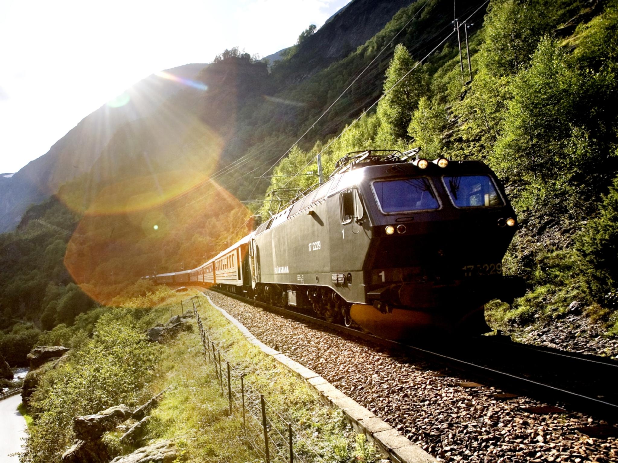 A train passing through a scenic valley in Flåm