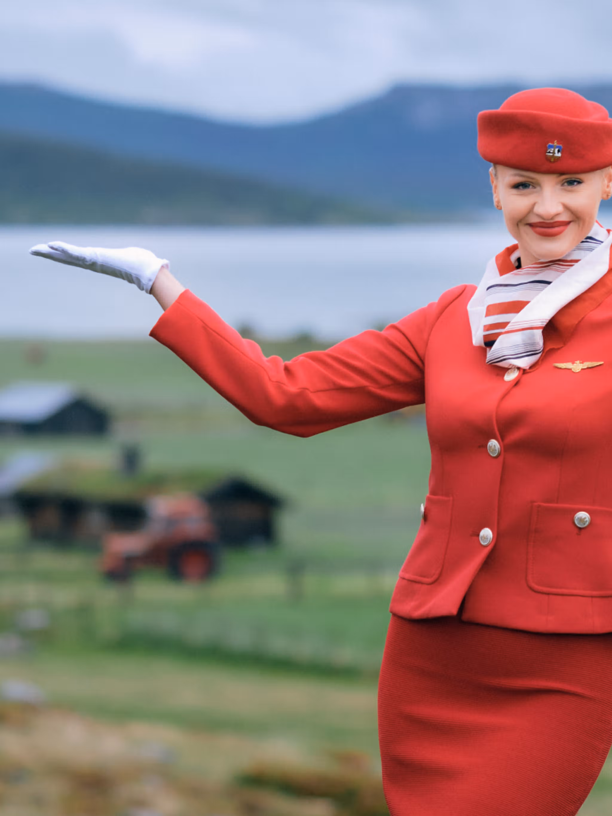 A flight attendant on the Norwegian countryside