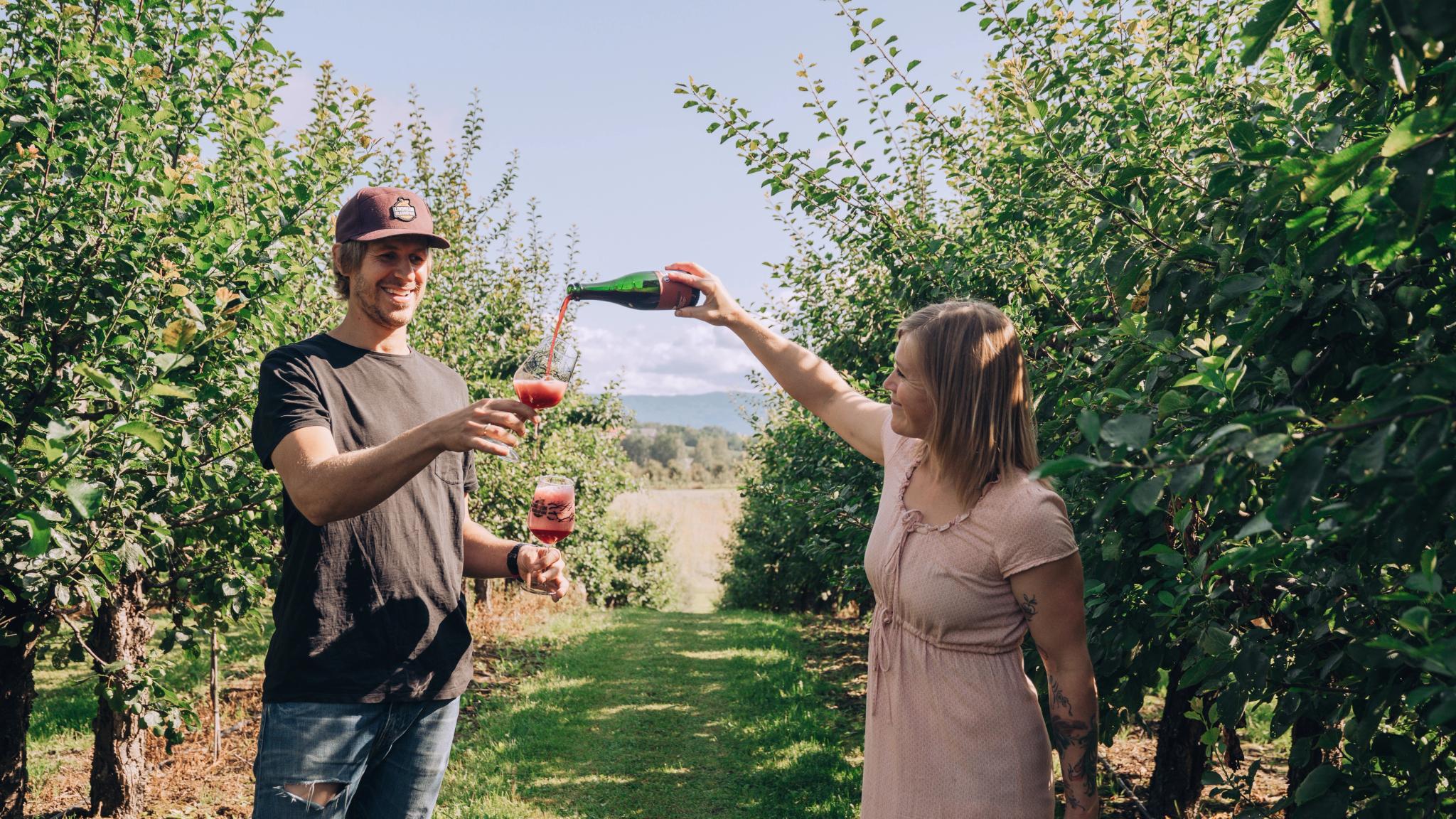 People tasting beer at Lindheim fruit and microbrewery in Gvarv in Telemark, Eastern Norway