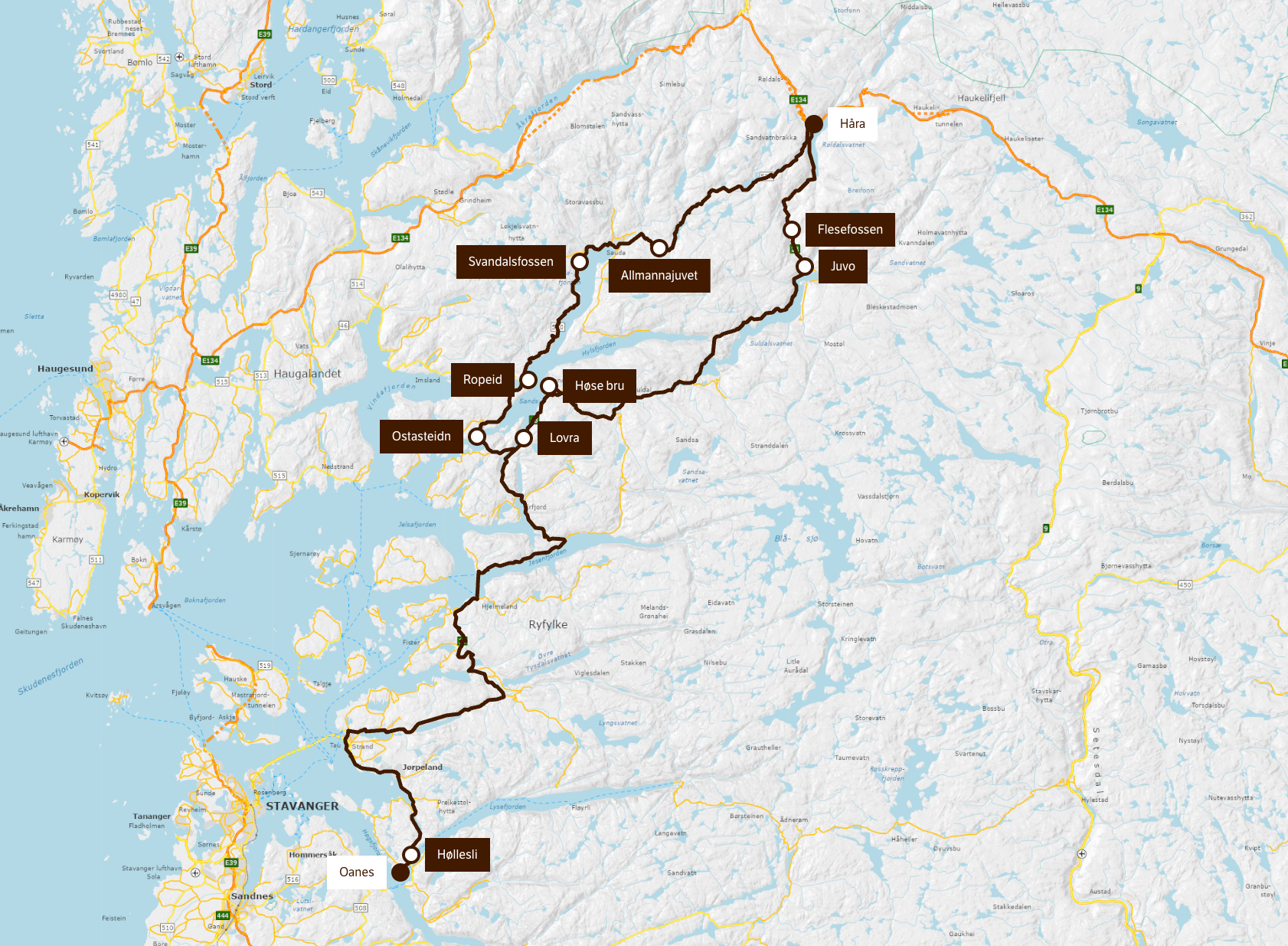 Map of the Norwegian Scenic Route Ryfylke