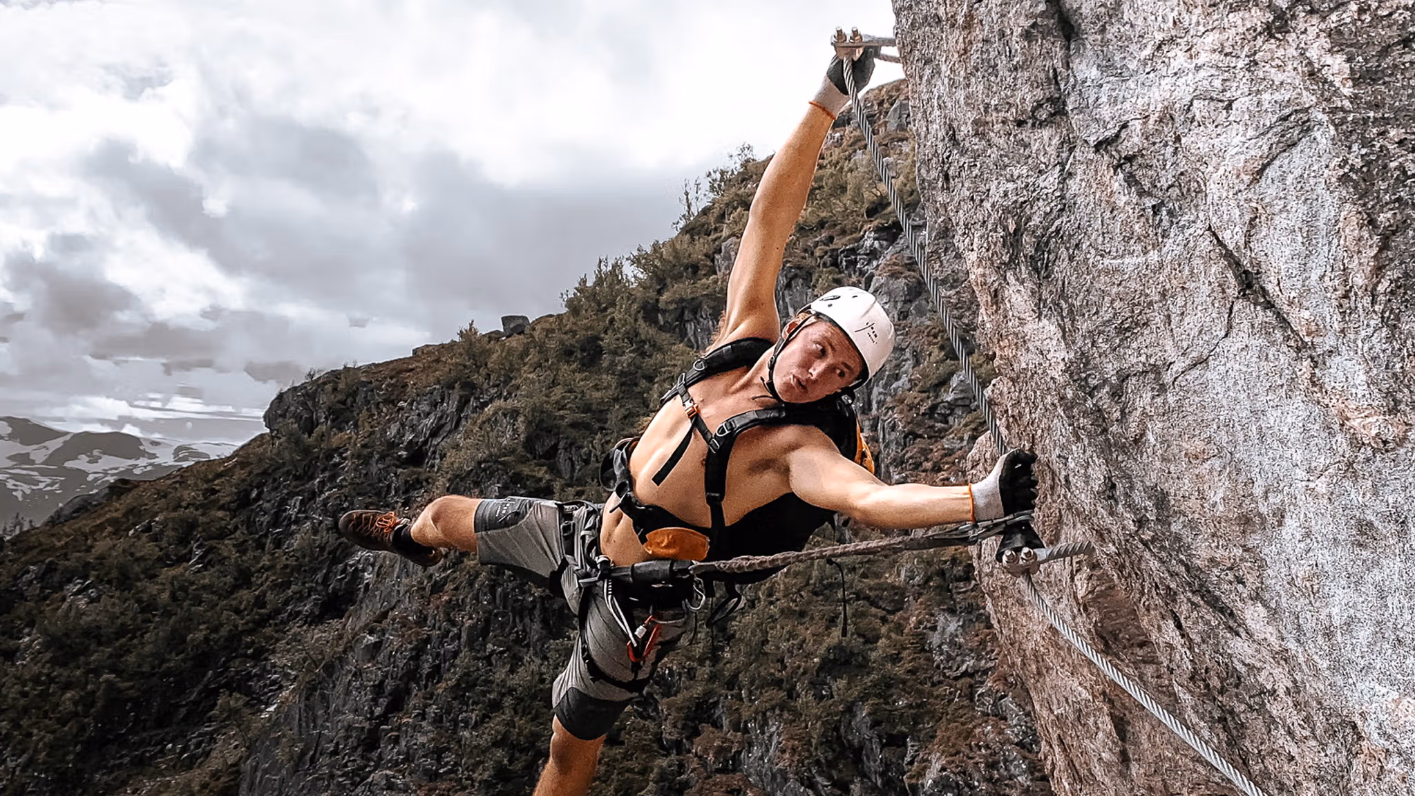 A man enjoying the via ferrata in Loen
