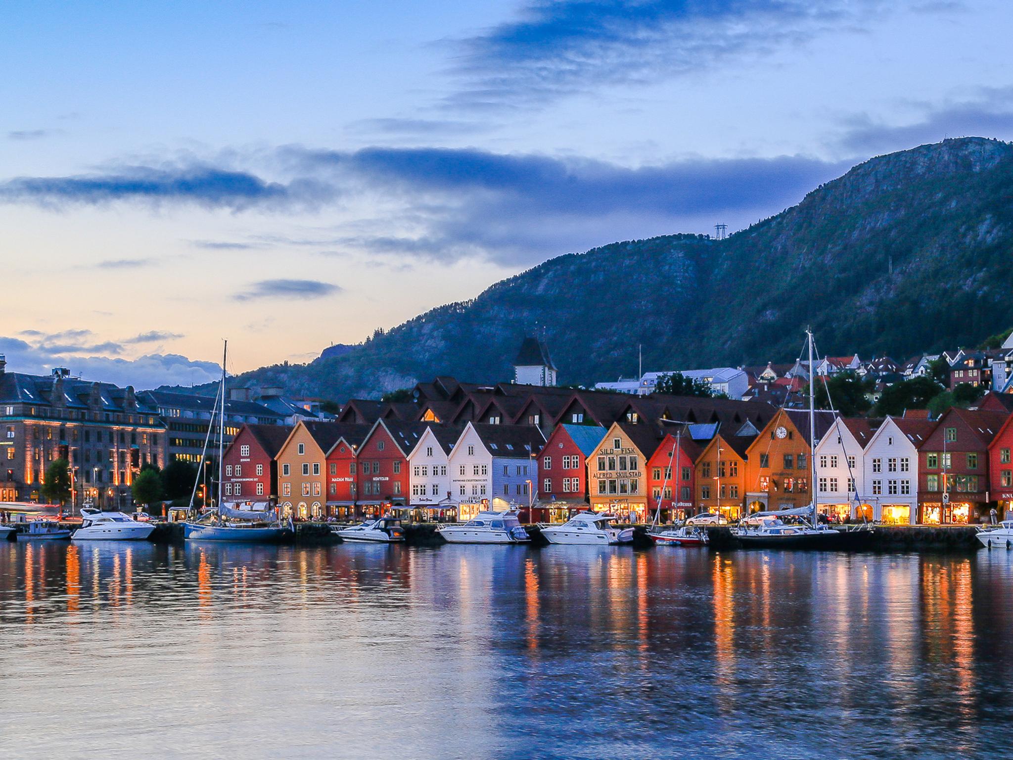 Evening at the UNESCO world heritage site Bryggen in Bergen, Fjord Norway