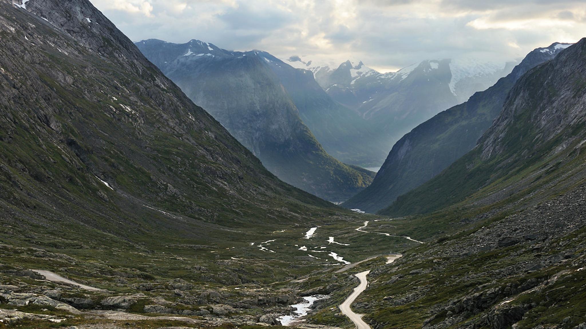 A valley high up in the mountains.