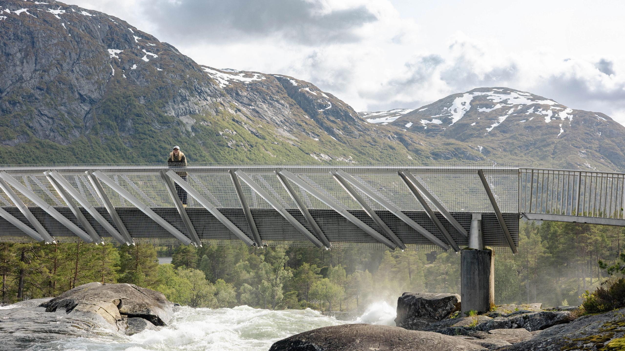 A woman standing on a bridge over a waterfall