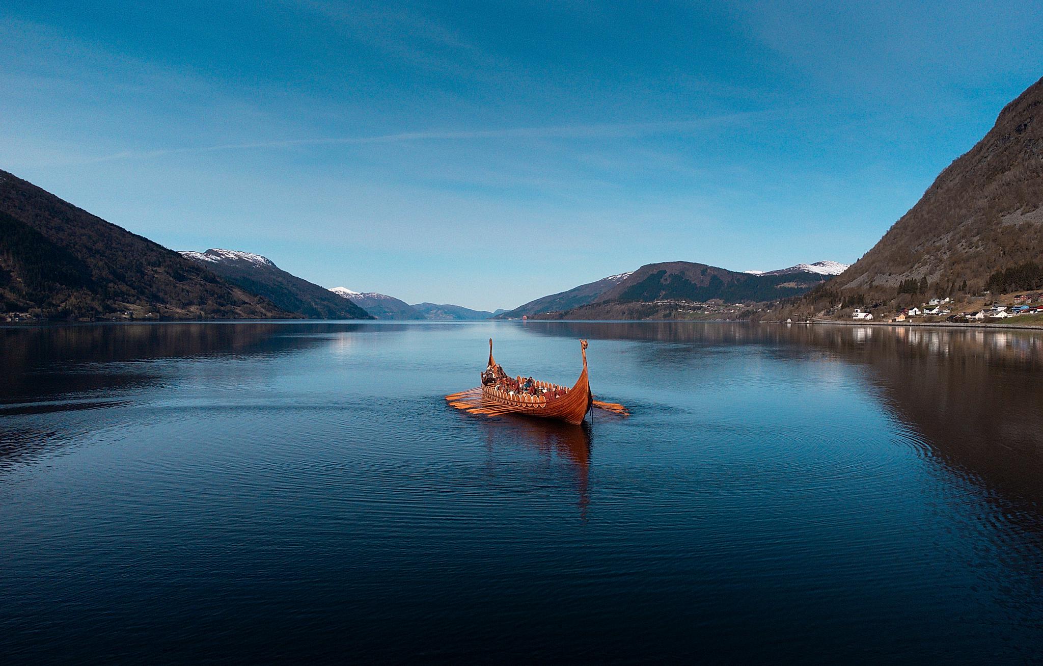The Myklebust Viking ship sailing at the fjord in Nordfjord.