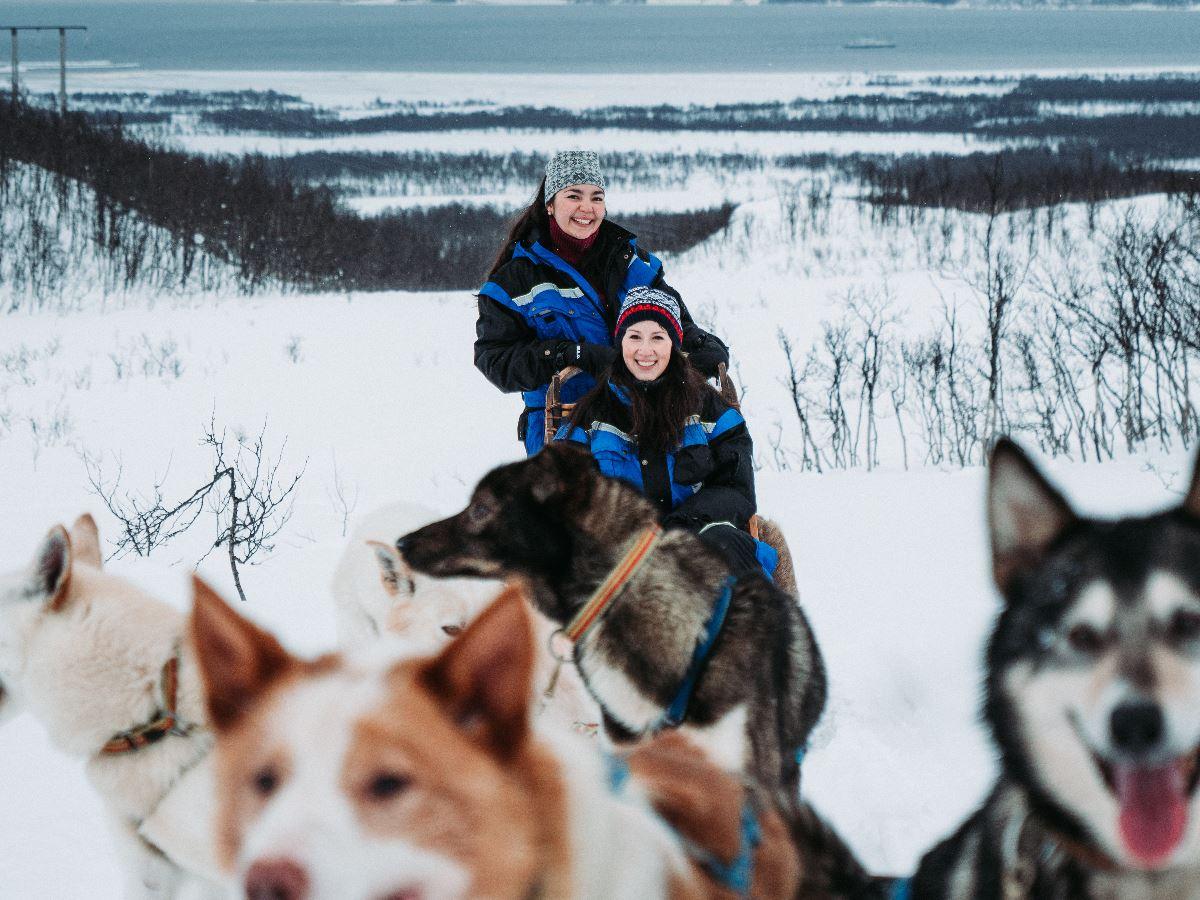Two people on dog sled in snowy landscape.
