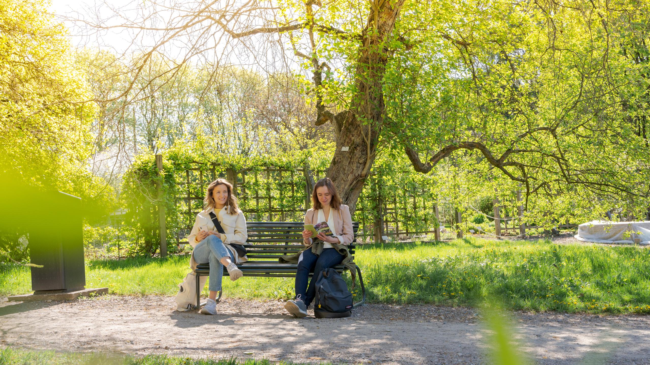 To jenter sitter på benken i Oslo Botaniske Hage