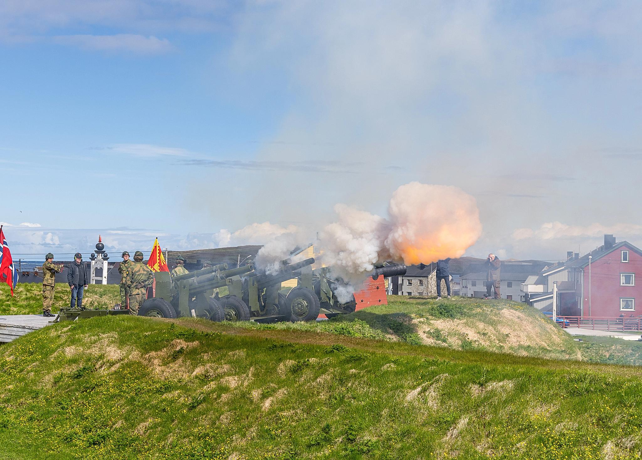 Soldiers at the Vardøhus fortress doing a salute, Vardø, Northern Norway.