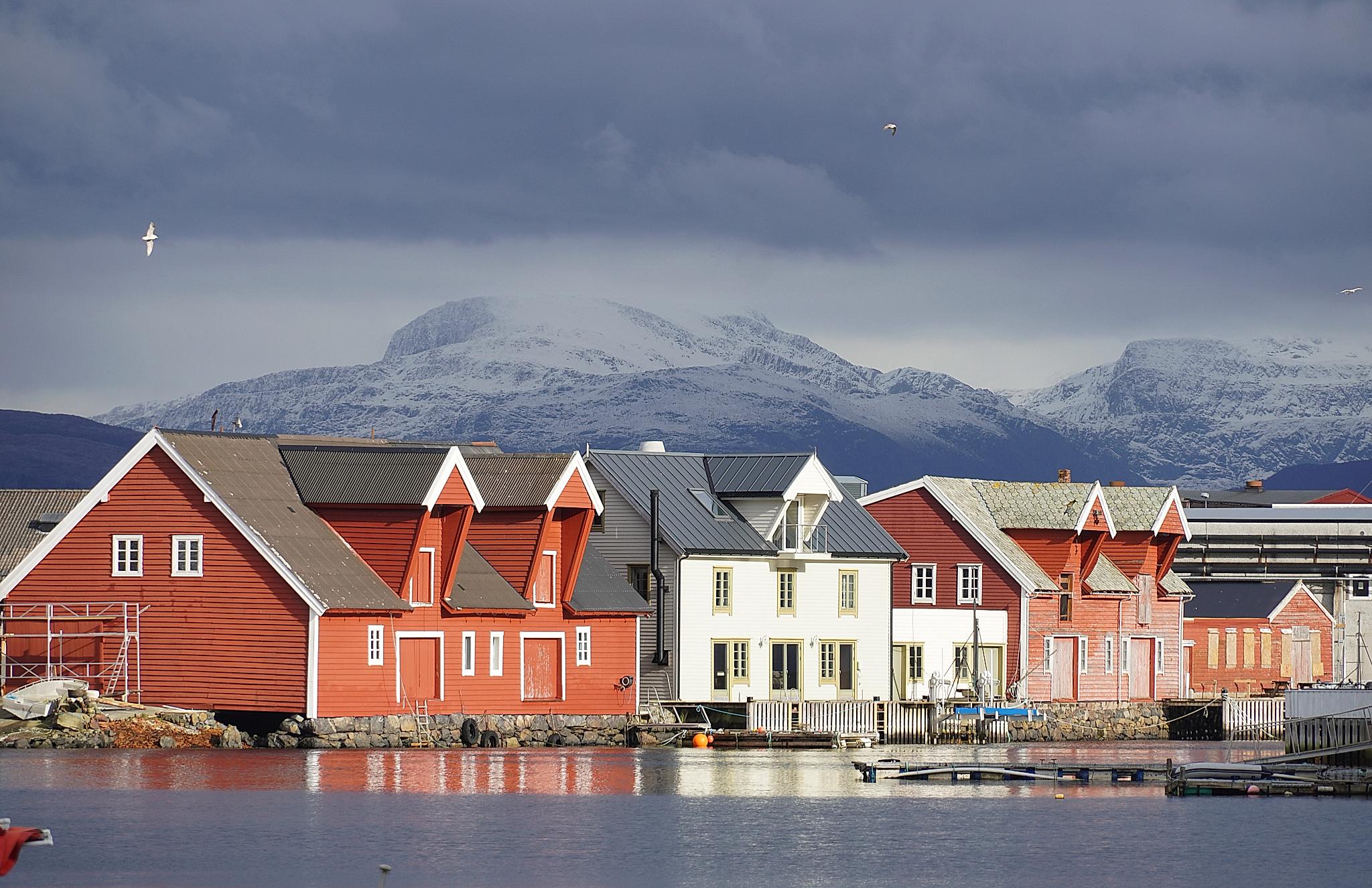 Wooden houses by the sea in Bremanger.