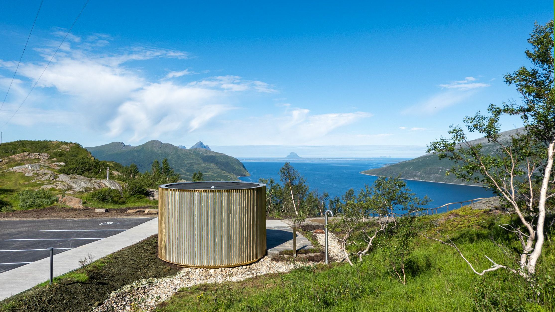 A rest stop with stunning views of islands.
