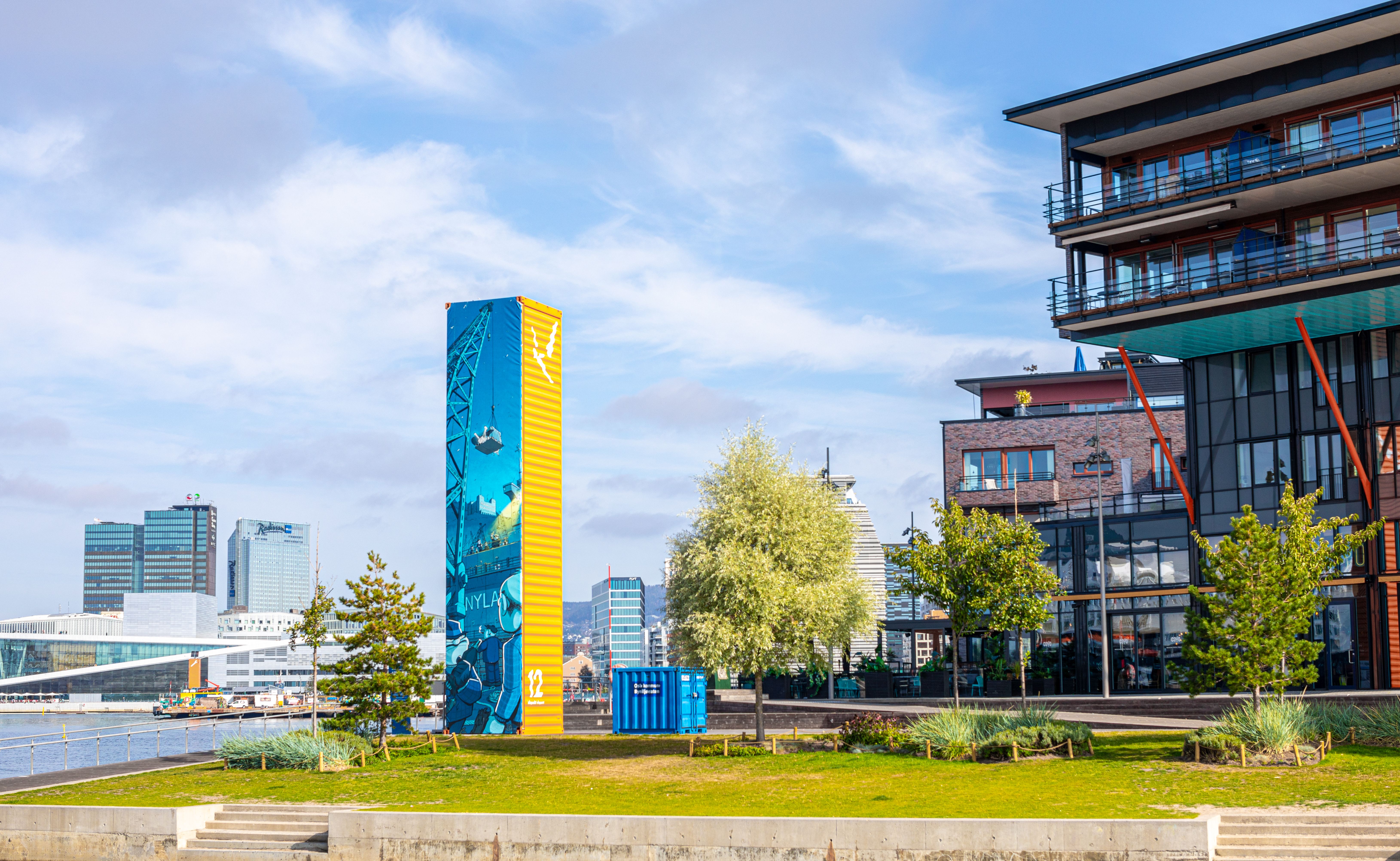 Yellow information tower at Sørenga in Oslo