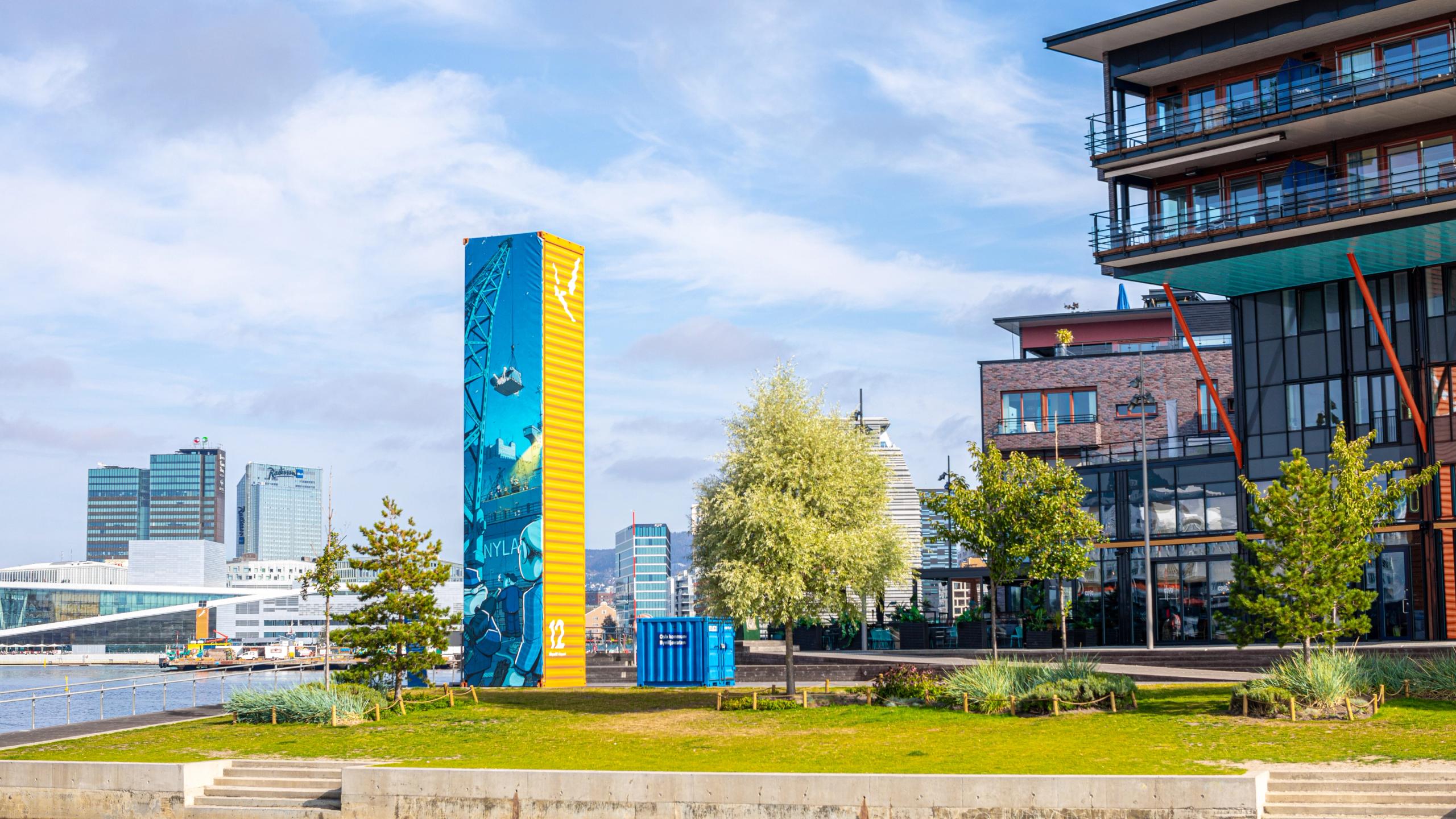 Yellow information tower at Sørenga in Oslo