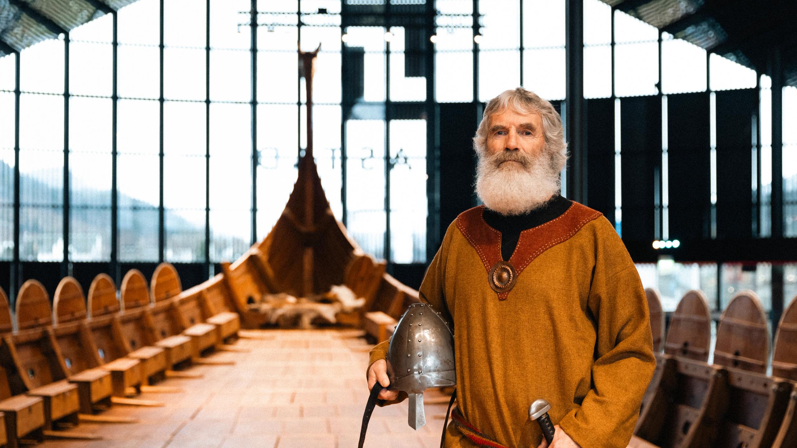 A viking aboard the Myklebust Viking ship in Nordfjordeid.