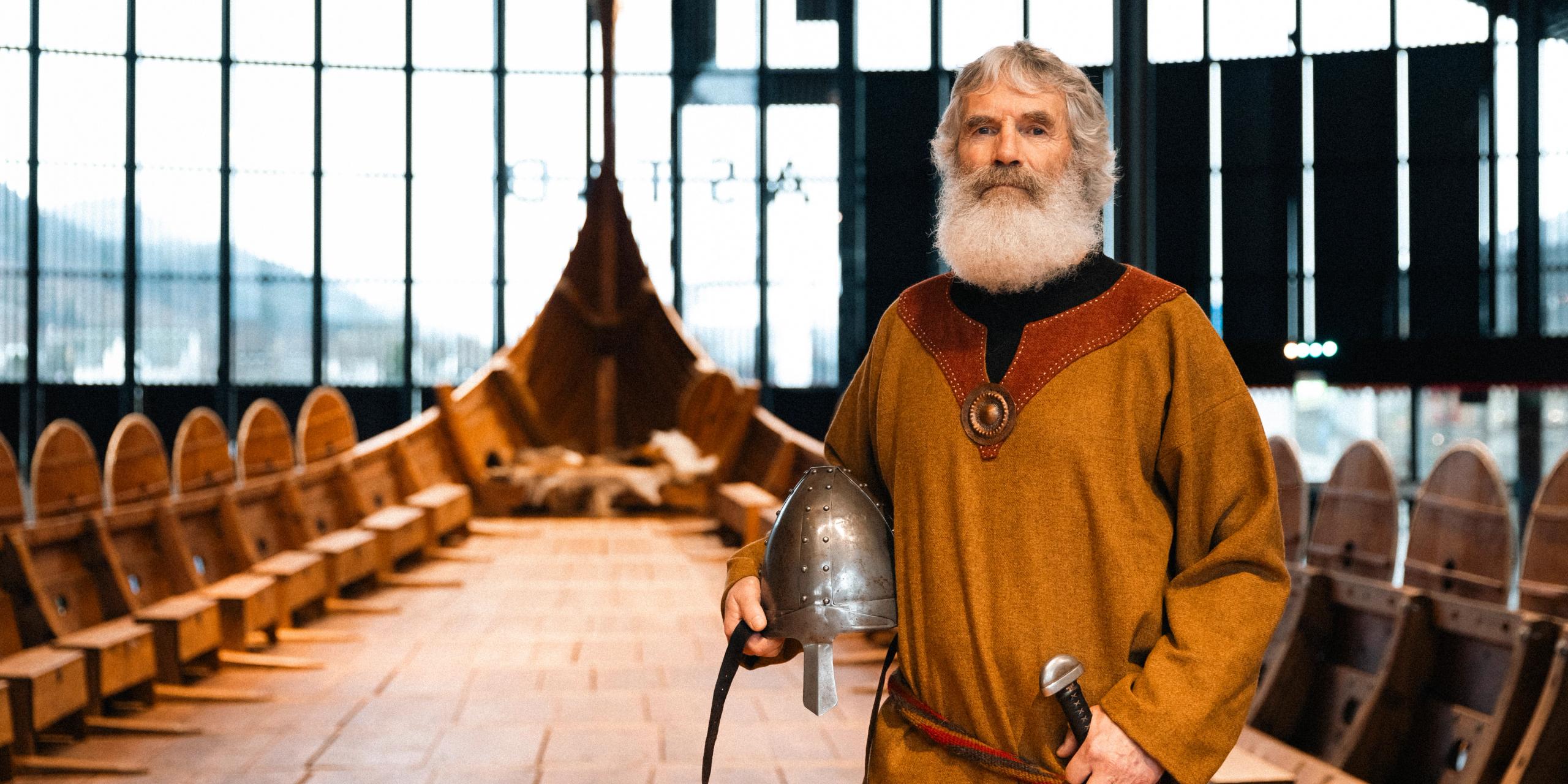 A viking aboard the Myklebust Viking ship in Nordfjordeid.