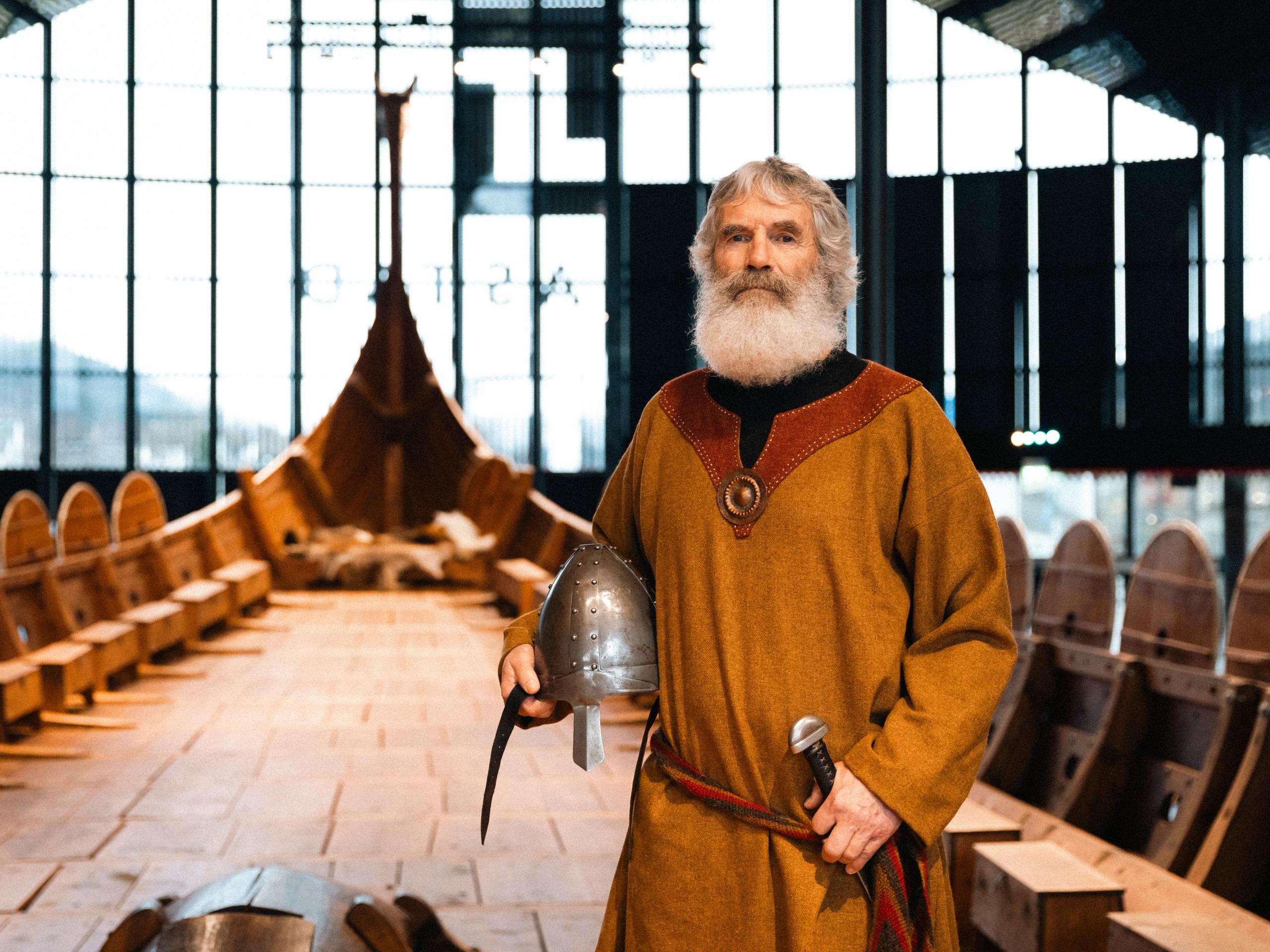 A viking aboard the Myklebust Viking ship in Nordfjordeid.