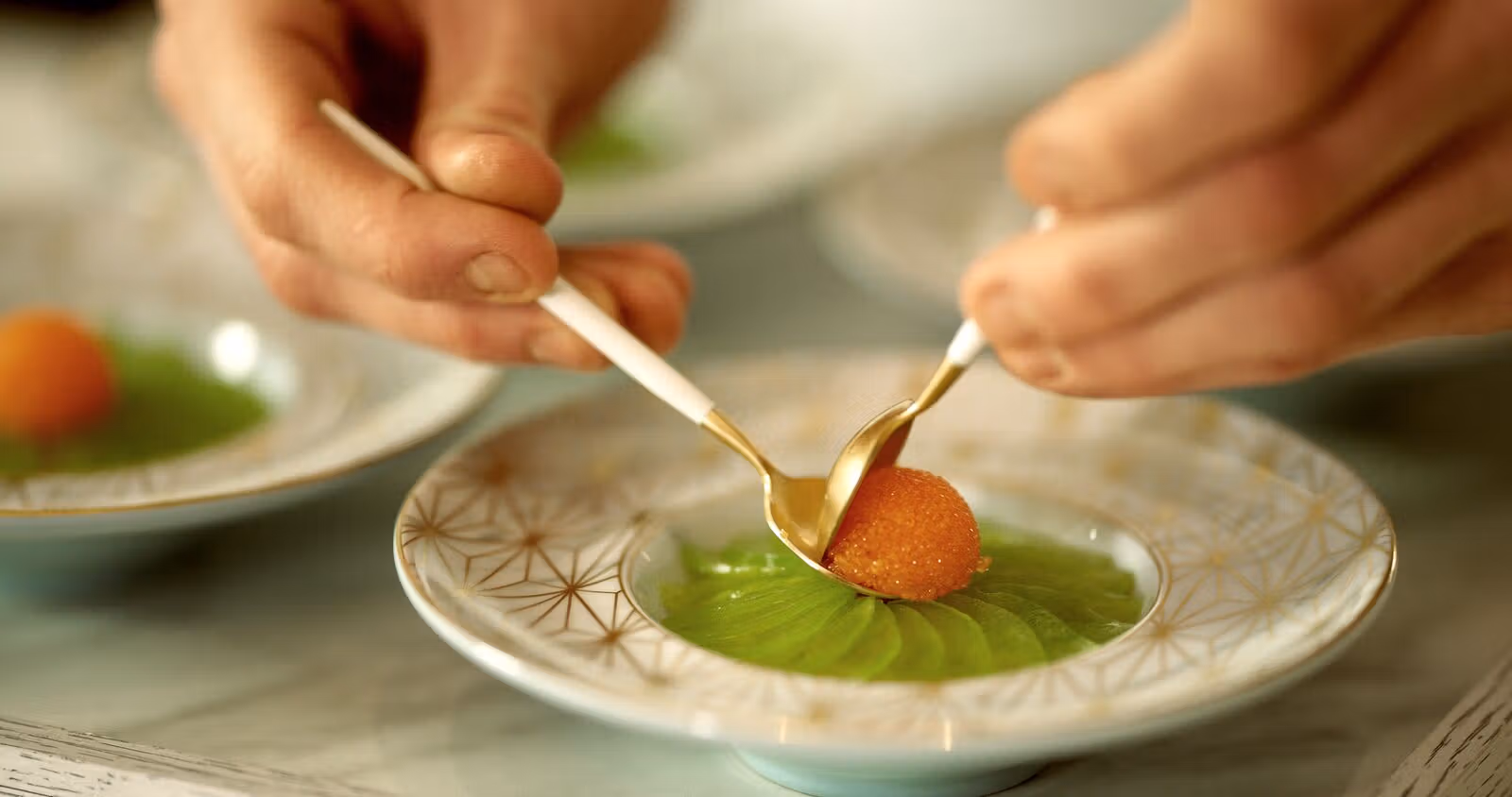 Beautiful decoration of caviar plate