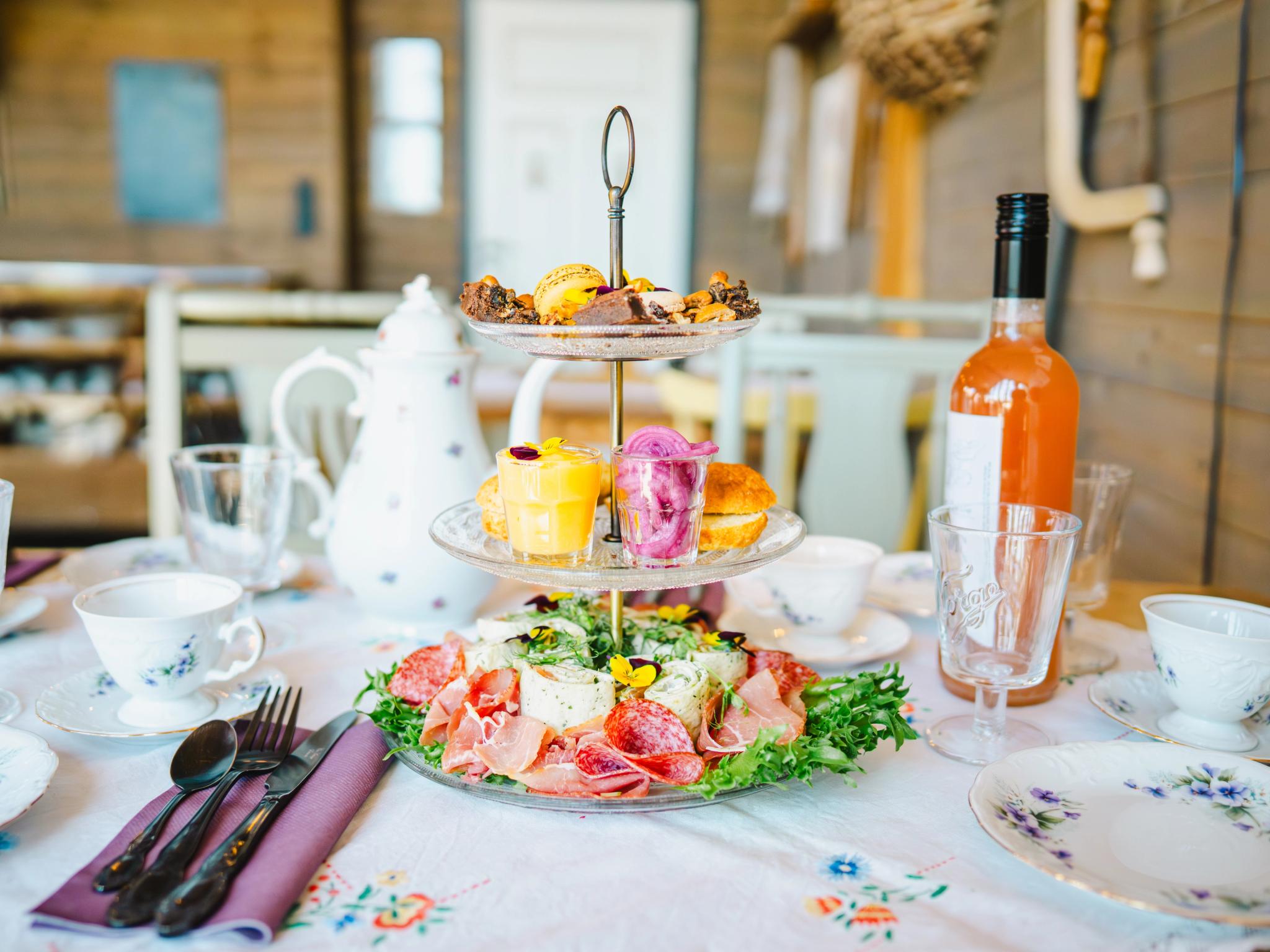 A colourful afternoon tea stand.