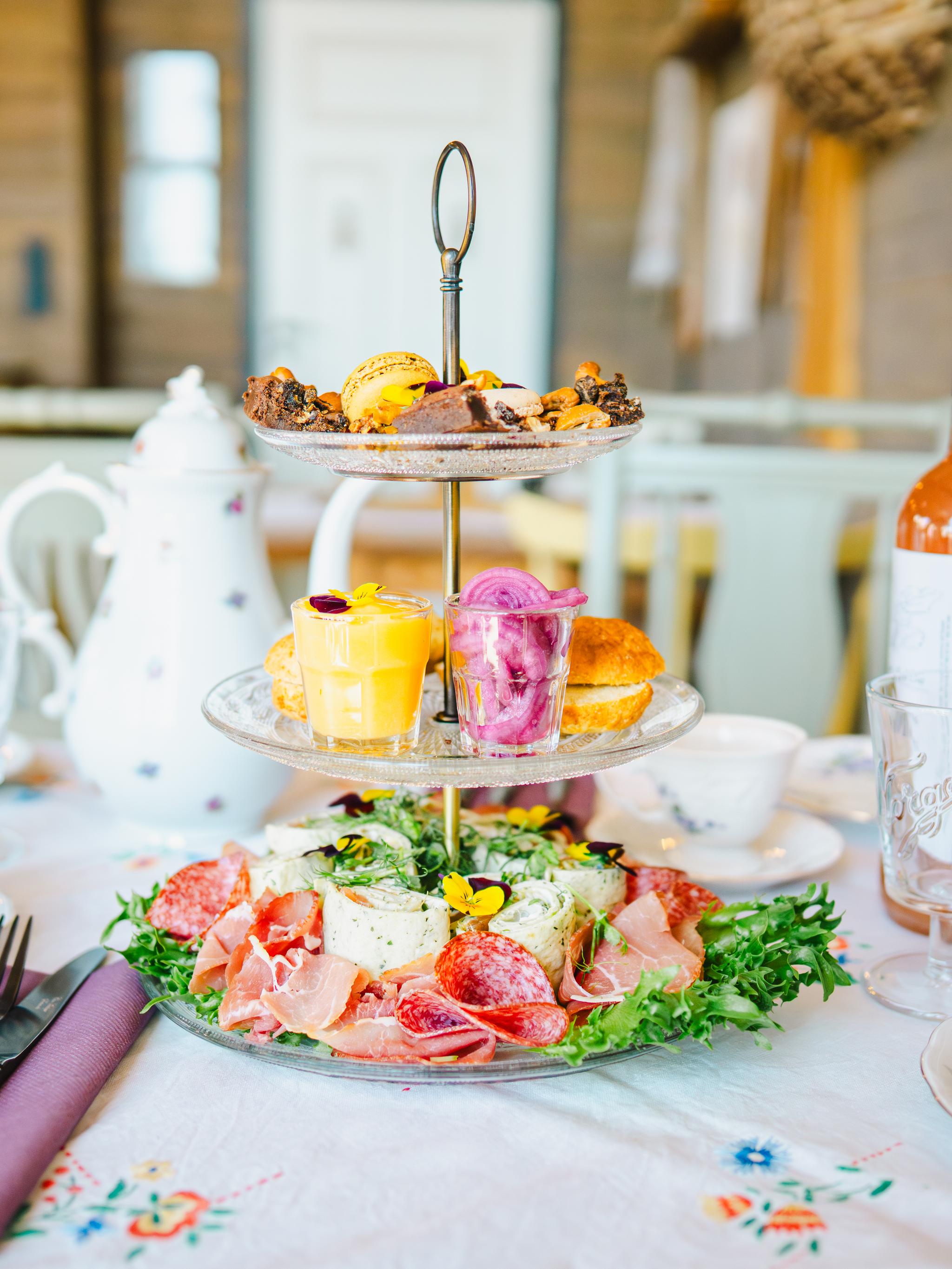 A colourful afternoon tea stand.