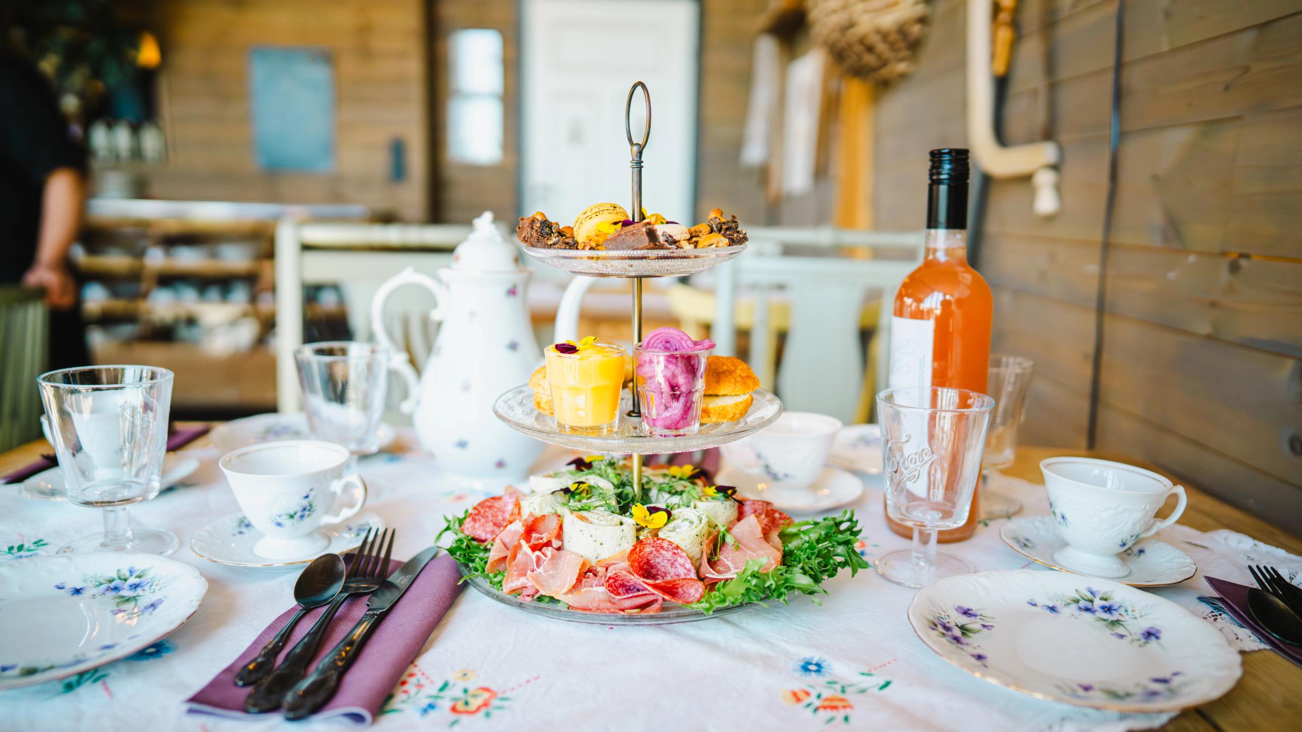 A colourful afternoon tea stand.