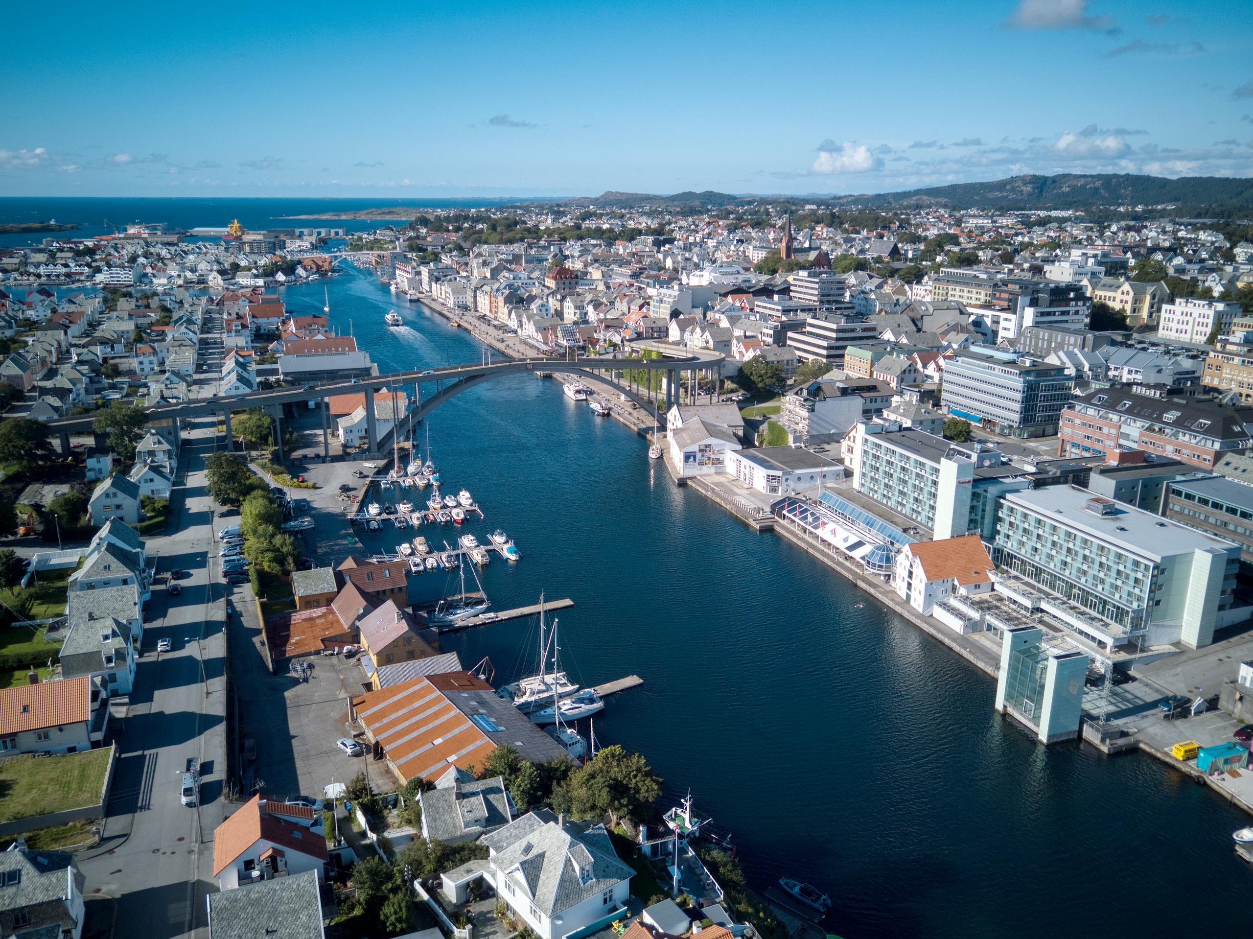 The city of Haugesund in Fjord Norway seen from the air in summer