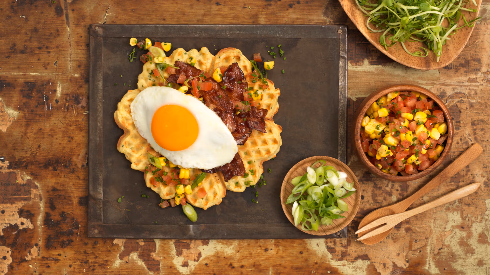 A plate with waffle with egg and bacon and some side dishes