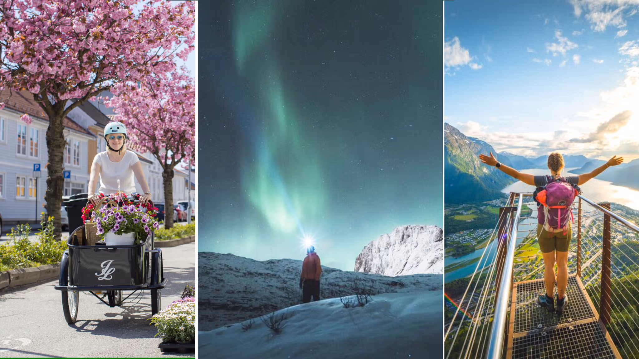 Biking in Kristiansand, northern lights over Senja, The Rampestreken viewpoint in Åndalsnes