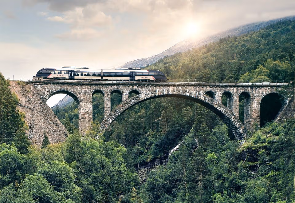 The Rauma railway train crossing the Kyllingbru bridge.