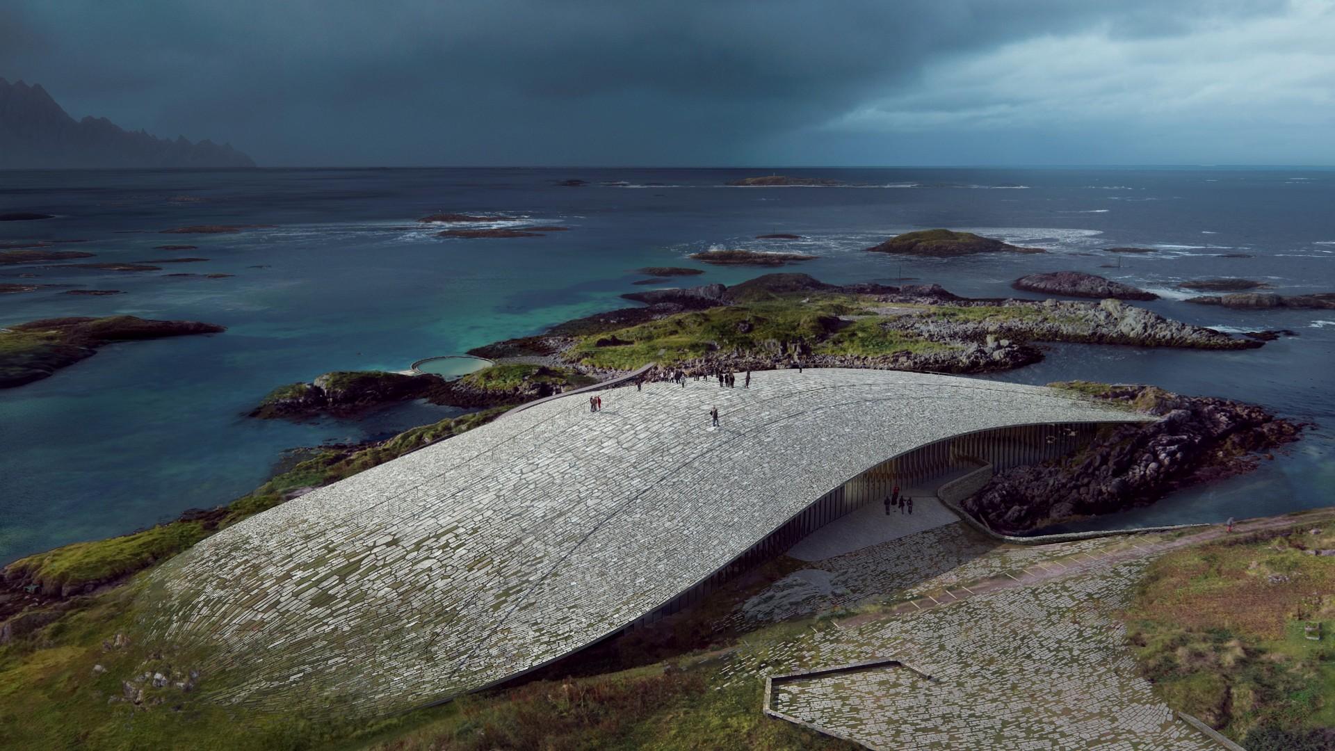 Illustrasjon av opplevelsesenteret The Whale som bygges i Vesterålen i Nord-Norge
