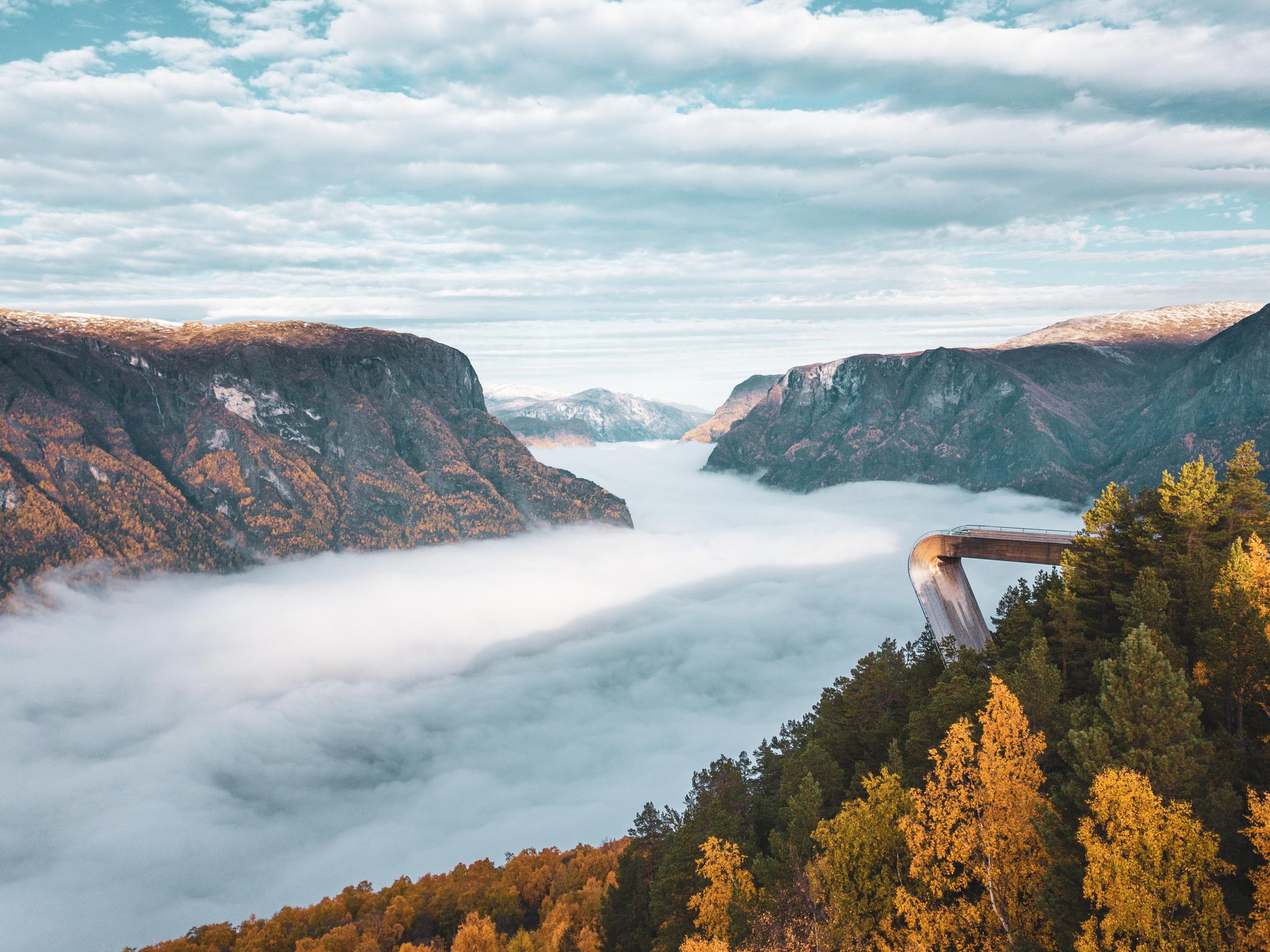 The Stegastein viewpoint by National Scenic route Aurandsfjellet in the Sognefjord area of Fjord Norway