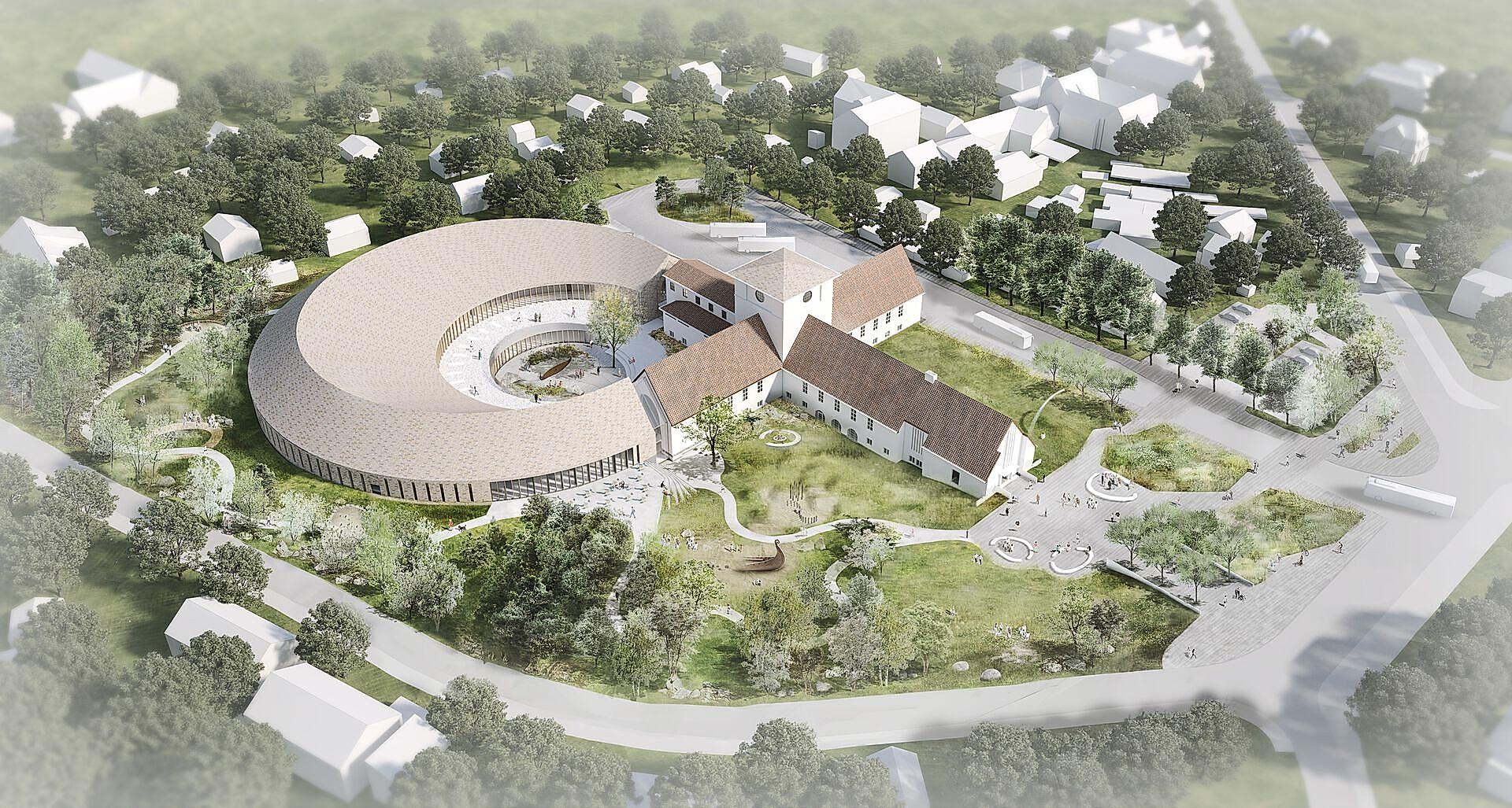 Bilde i fugleperspektiv av det nye Vikingtidsmuseet.