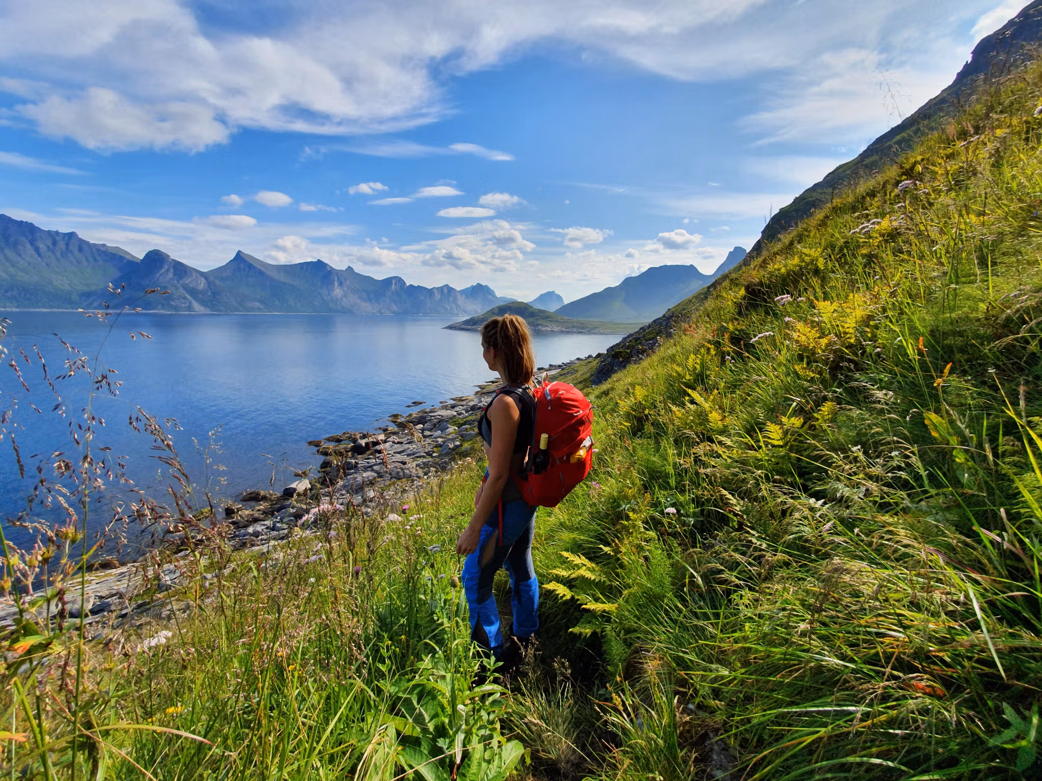 En kvinne går til i fjellene om sommeren ved fjorden.