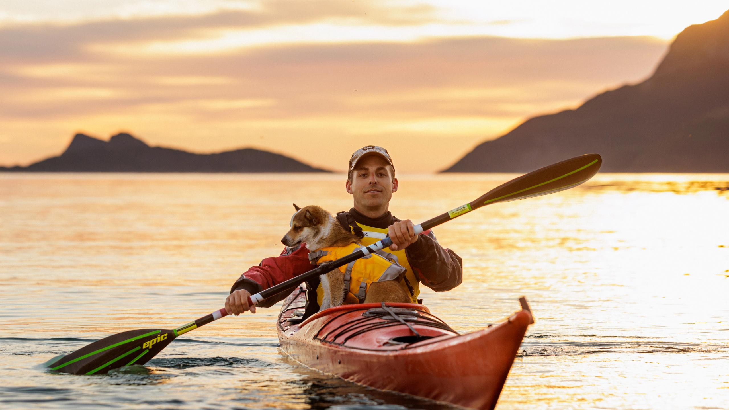 A man and a dog is kayaking in the midnight sun in Northern Norway.