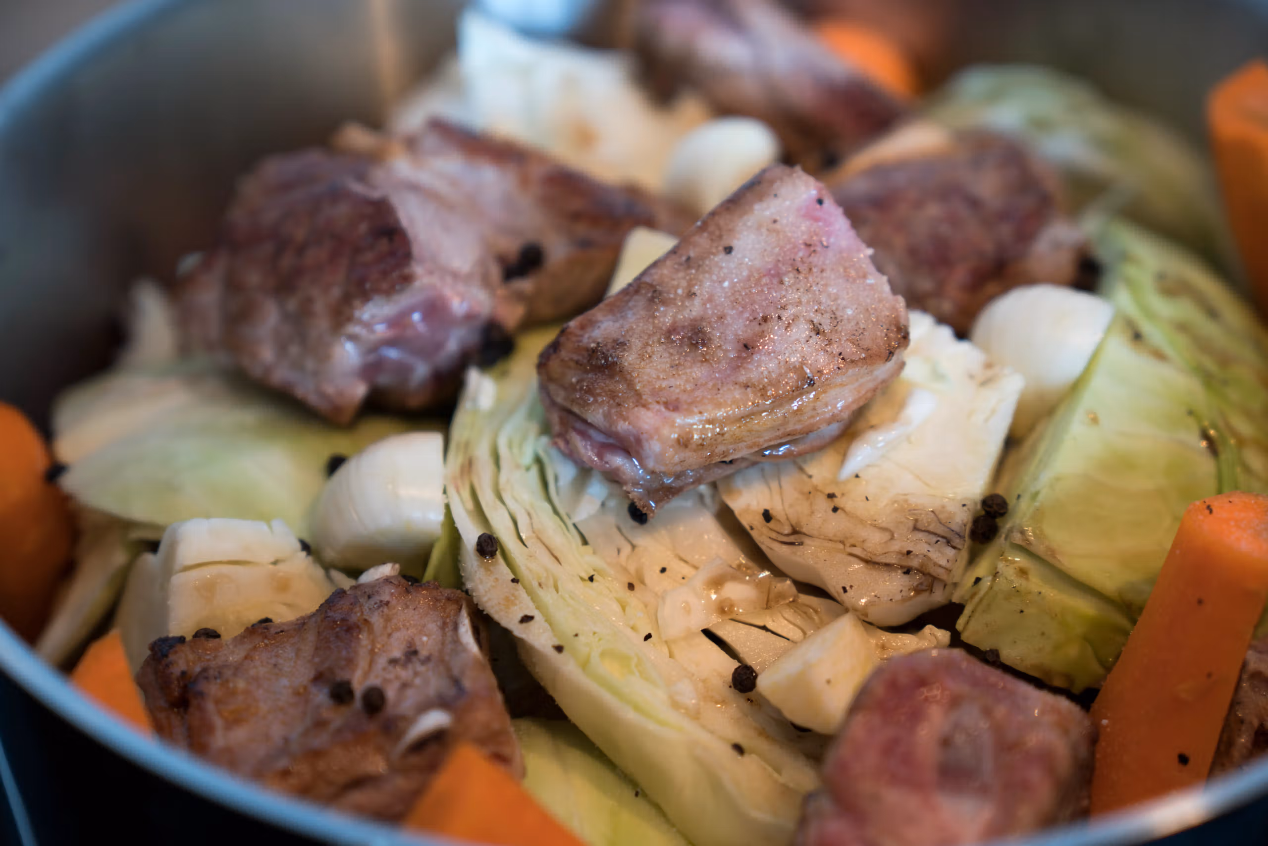 A pot full og fårikål lamb stew ingredients in Oslo, Eastern Norway